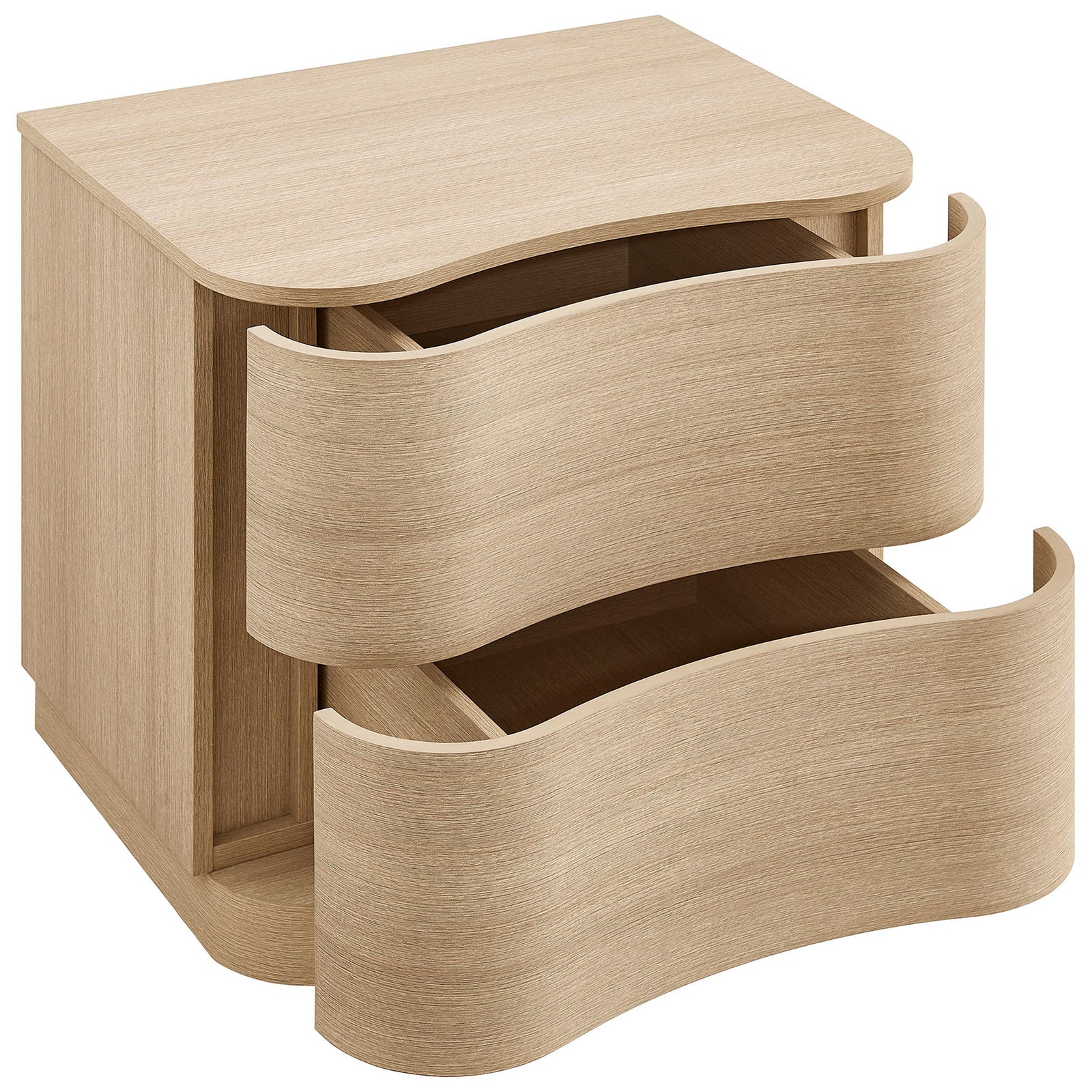 Light oak nightstand with two deep curved drawers open to reveal generous storage for bedside essentials || MOD-7232-BOA || front_angle_open_studio