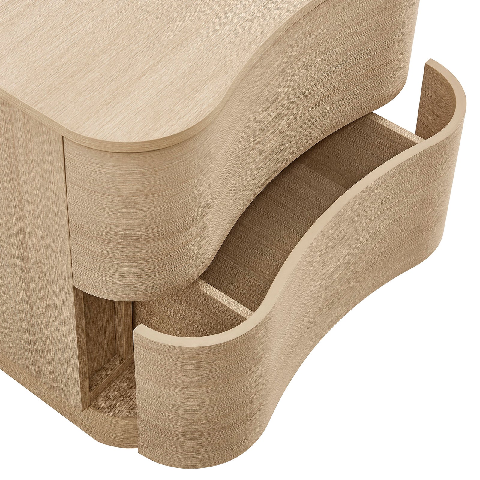 Open curved drawer reveals spacious interior storage and smooth light oak finish on this modern nightstand || MOD-7232-BOA || storage_open_studio