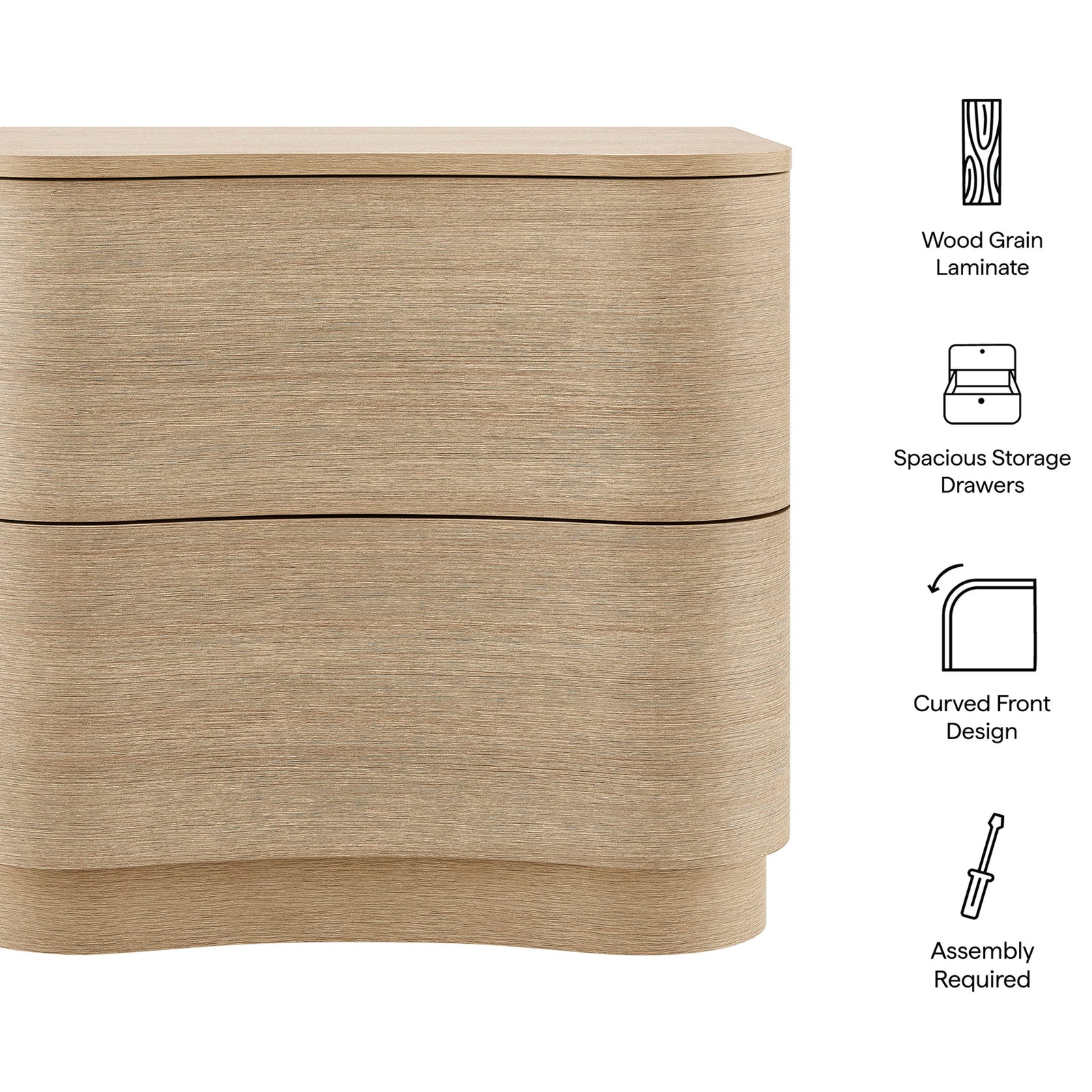Mirae nightstand in brushed light oak with icons calling out wood grain laminate and spacious curved drawers || MOD-7232-BOA || callout_studio