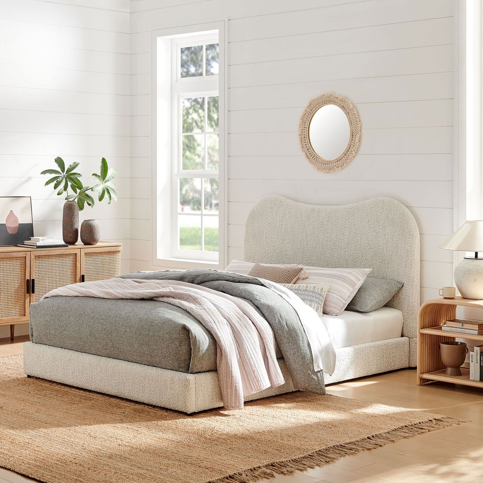 Modern boucle platform bed adds cozy texture and sculptural curves to a bright, airy bedroom || MOD-7233-PRL || front_angle_room