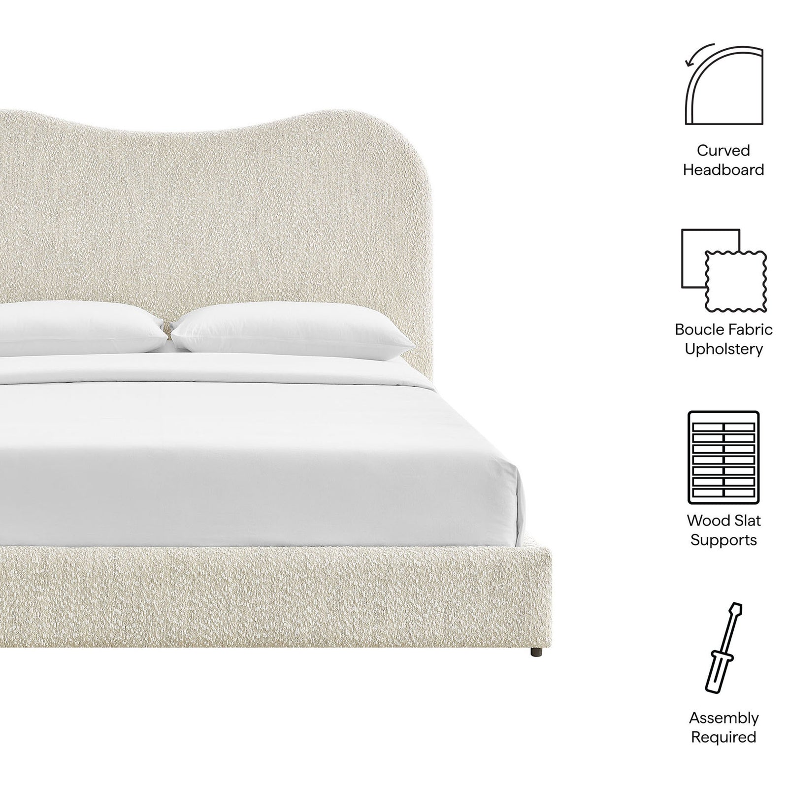 Curved headboard, boucle upholstery, and wood slat support combine for effortless style and easy assembly || MOD-7233-PRL || callout_studio