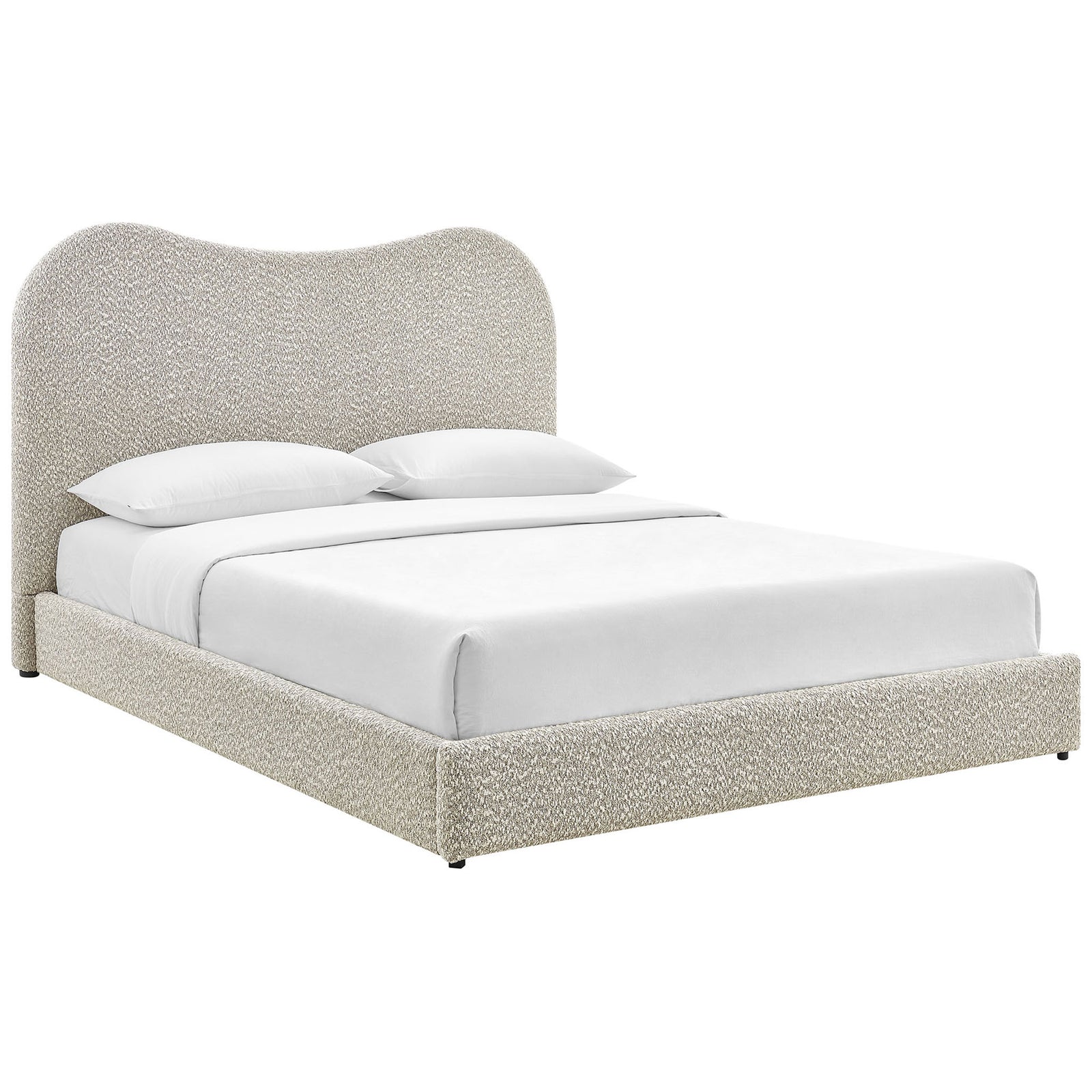 Curved, cloud-like headboard and low-profile boucle frame bring modern softness to this queen platform bed || MOD-7233-RIV || front_angle_studio