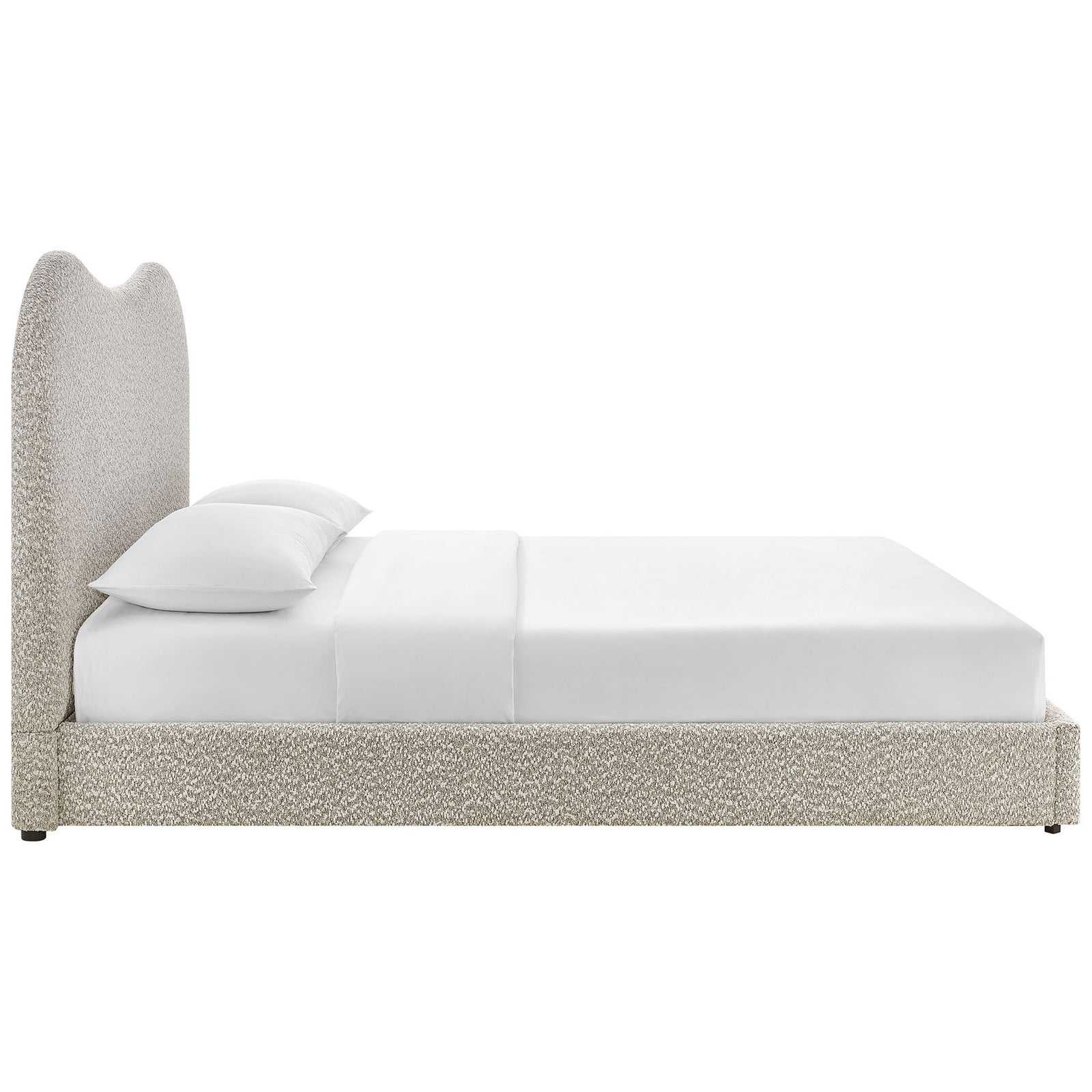 Low, rounded frame and gently arched headboard create a cozy, modern profile in boucle || MOD-7233-RIV || side_studio