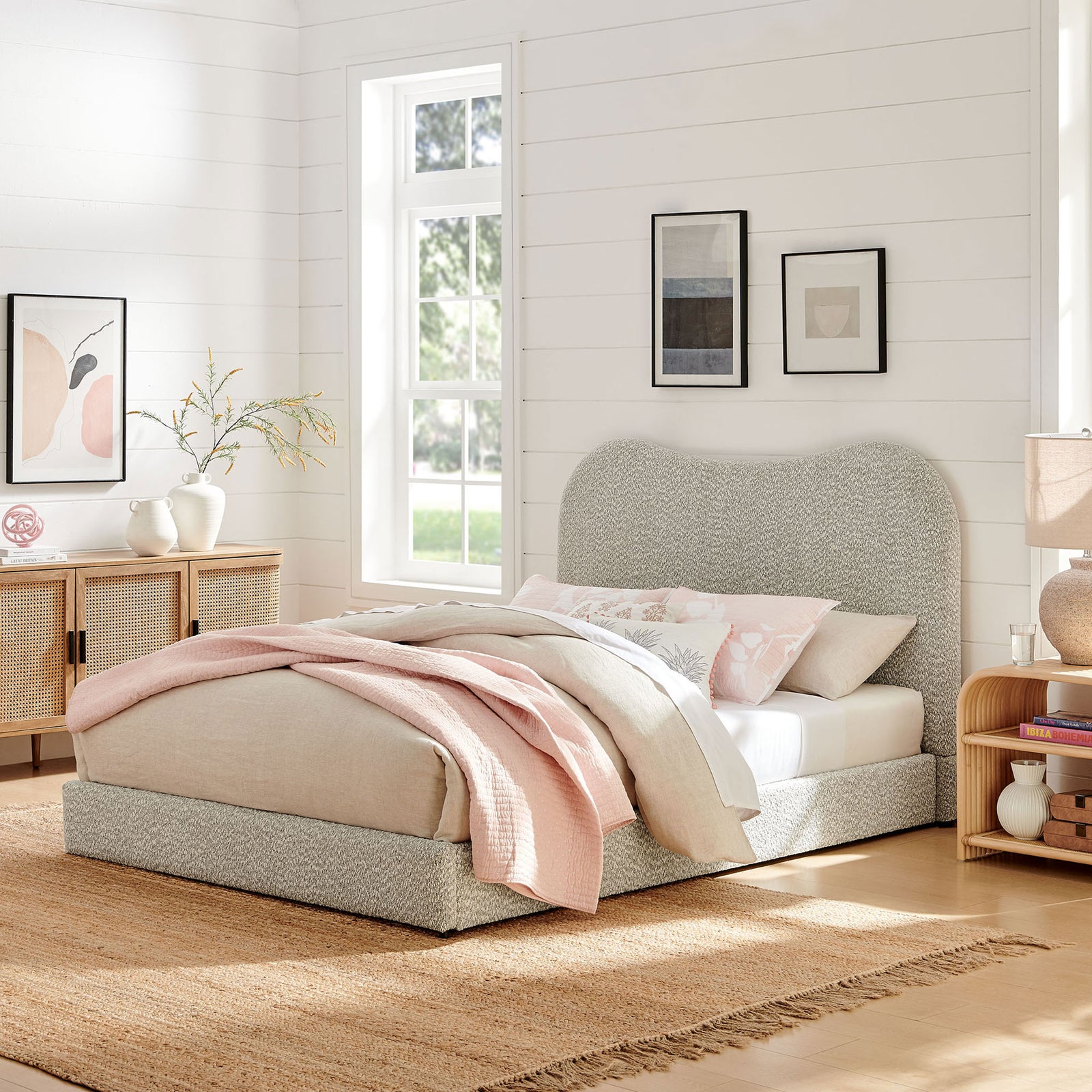 Sculptural queen platform bed in boucle brings modern calm to a light, airy room || MOD-7233-RIV || front_angle_room