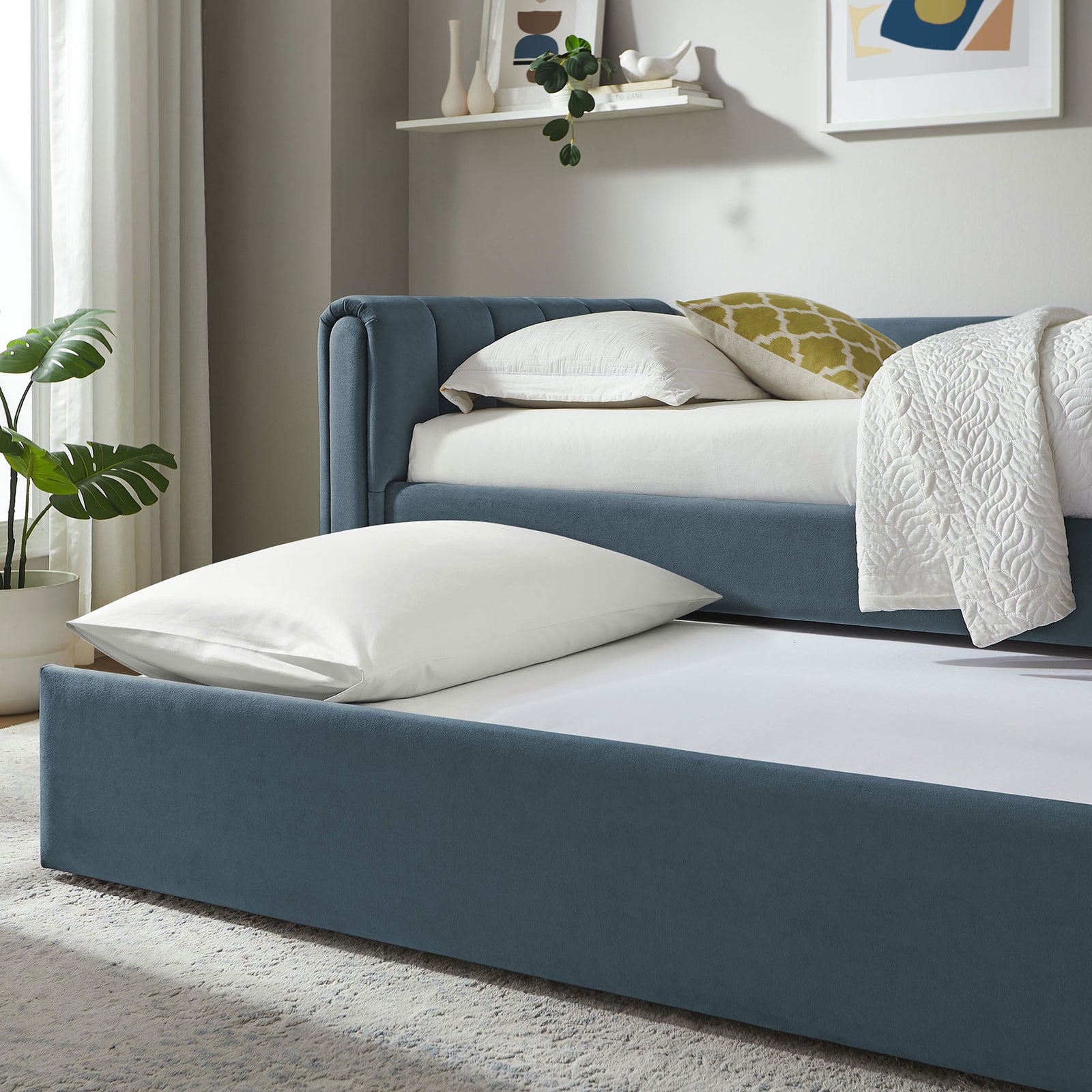 Cadet blue velvet daybed with trundle open, offering extra space for overnight guests || MOD-7234-CAB || detail_room