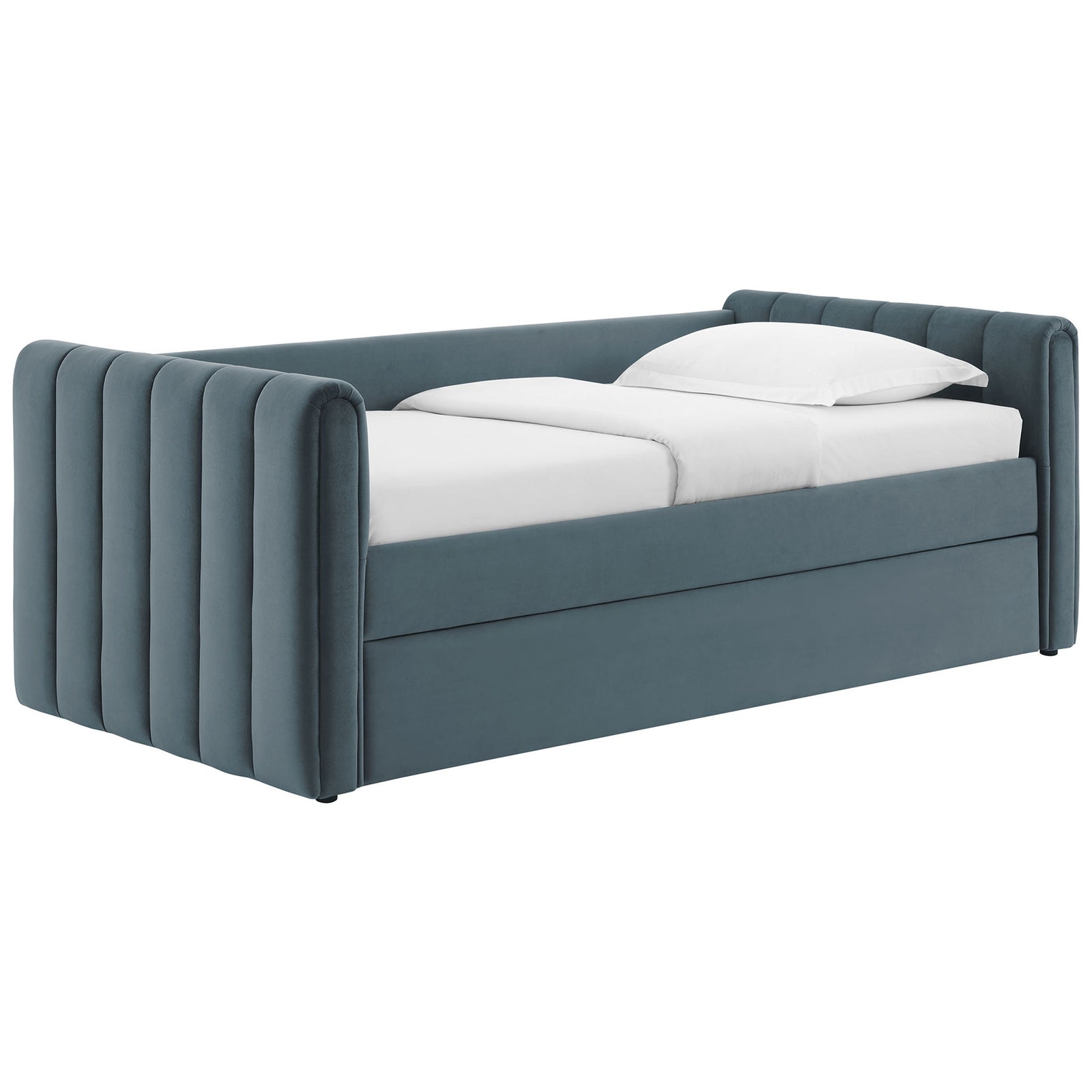 Channel-tufted cadet blue velvet twin daybed with padded sides and sleek, low profile || MOD-7234-CAB || front_angle_studio