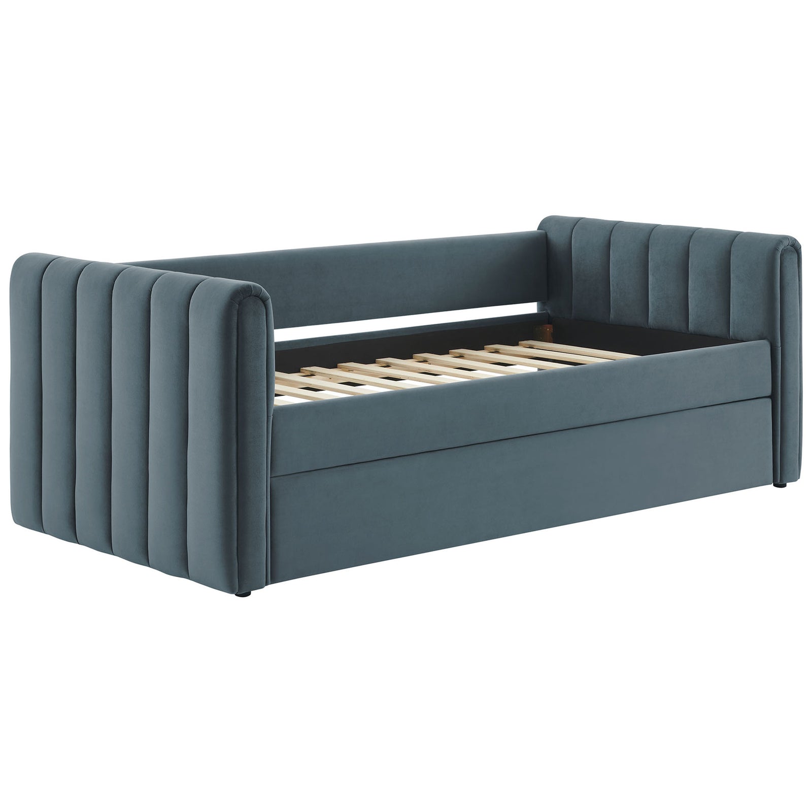 Velvet daybed frame with vertical channel tufting and durable wood slat support || MOD-7234-CAB || front_angle_studio
