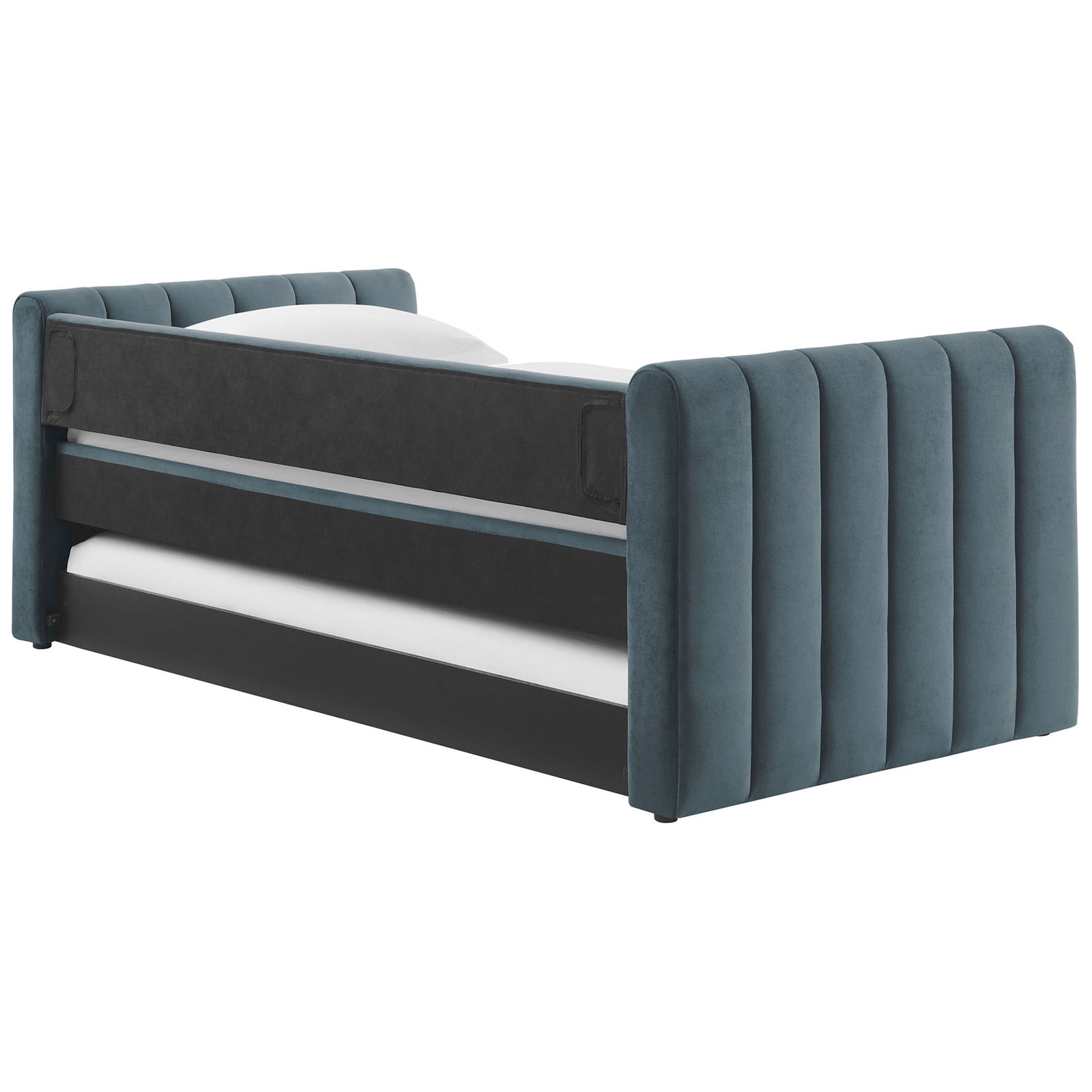 Channel-tufted daybed in cadet blue velvet with a finished back and clean, tailored lines || MOD-7234-CAB || back_angle_studio