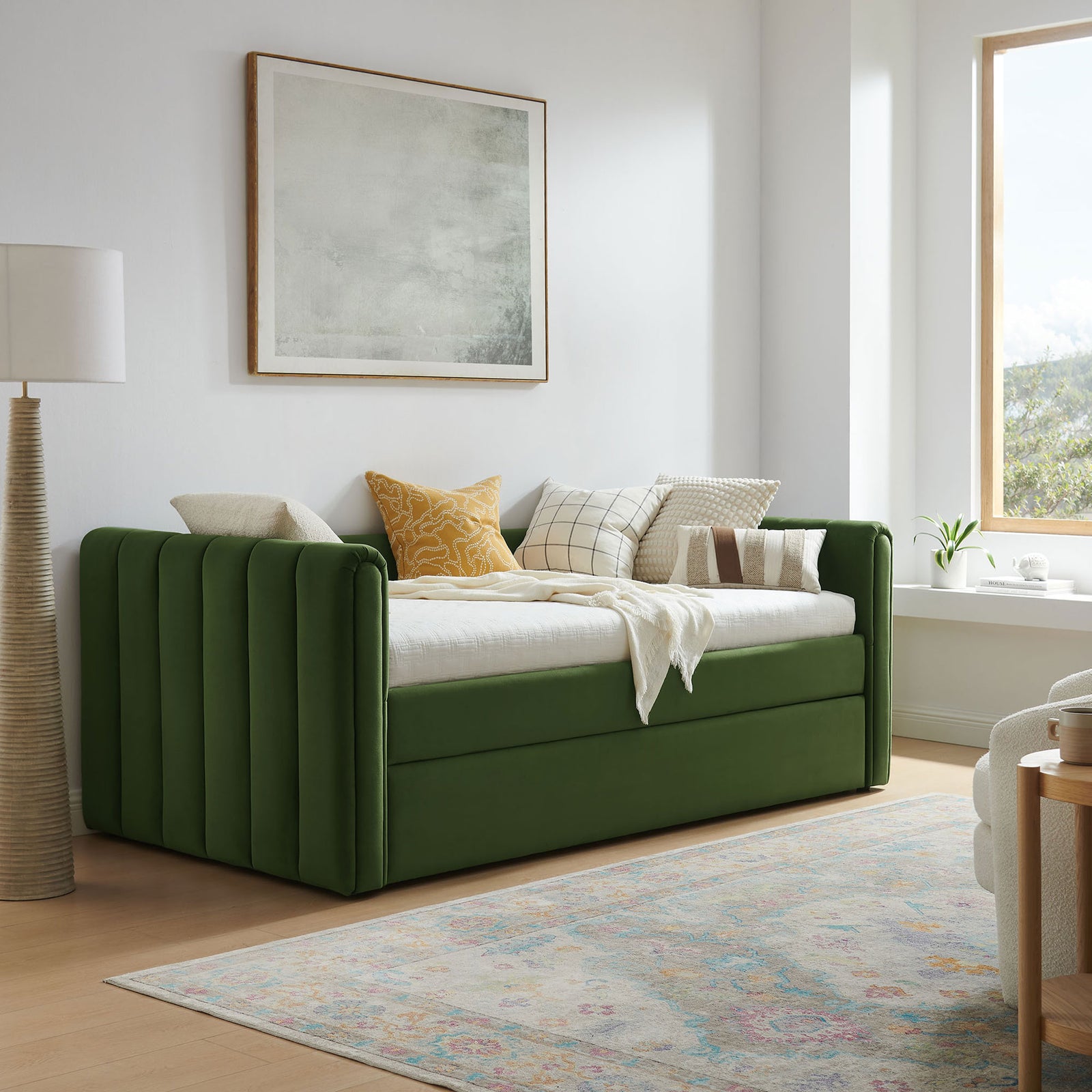 Moss green daybed adds cozy color and modern texture, anchoring the space with tailored channel tufting. || MOD-7234-MOG || front_angle_room