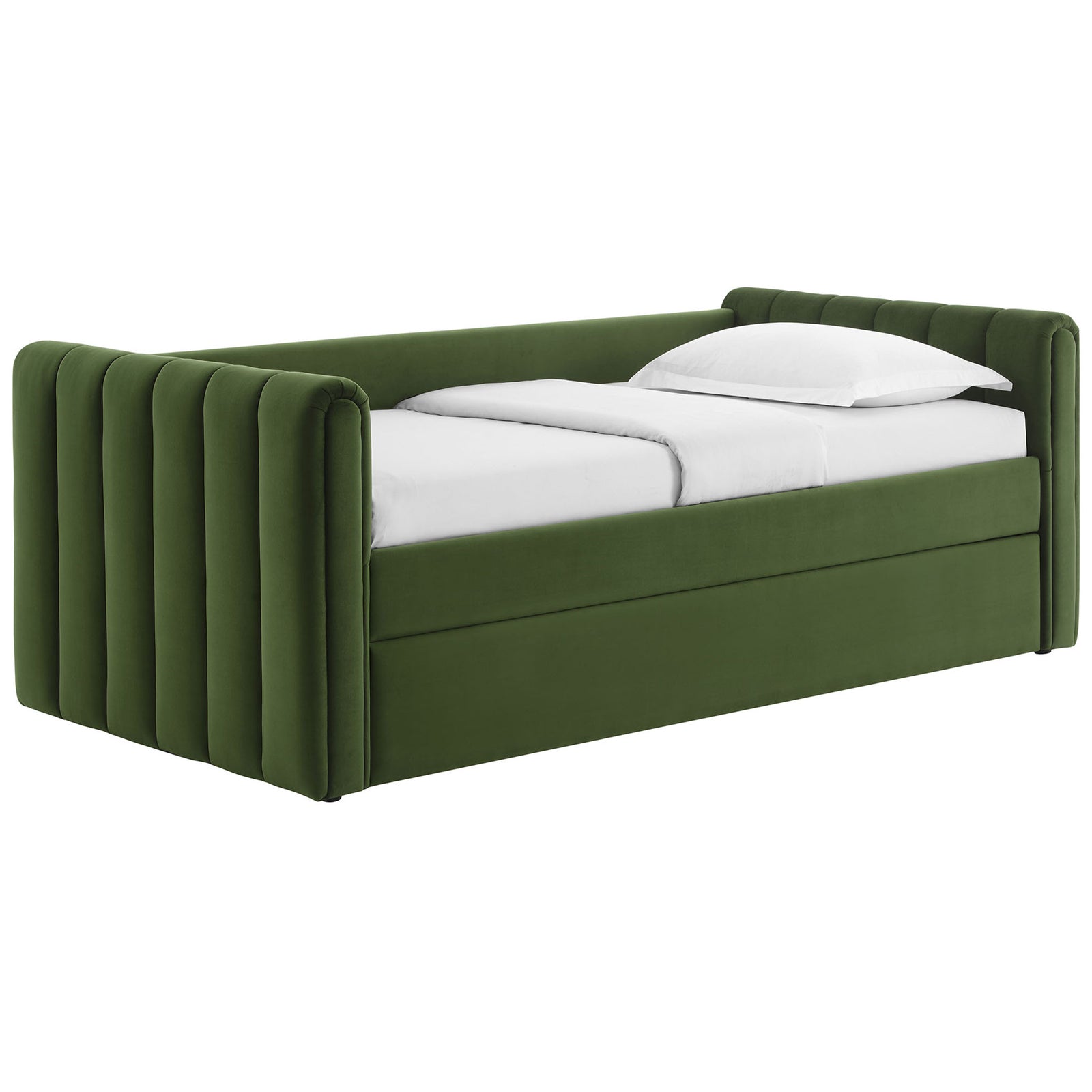 Plush velvet twin daybed showcases vertical channels and low-profile arms for a chic, streamlined silhouette. || MOD-7234-MOG || front_angle_studio