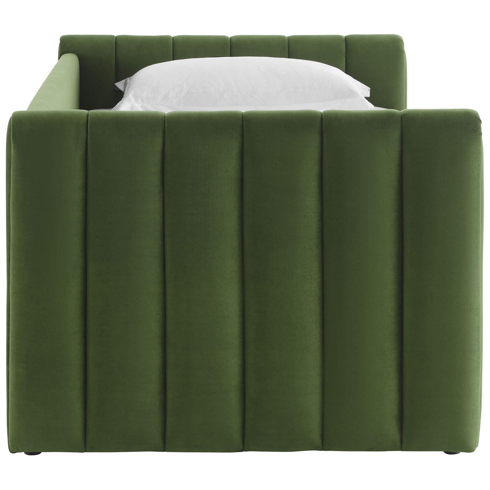Upholstered end panel with deep channel tufting adds texture and comfort in rich moss green. || MOD-7234-MOG || side_studio