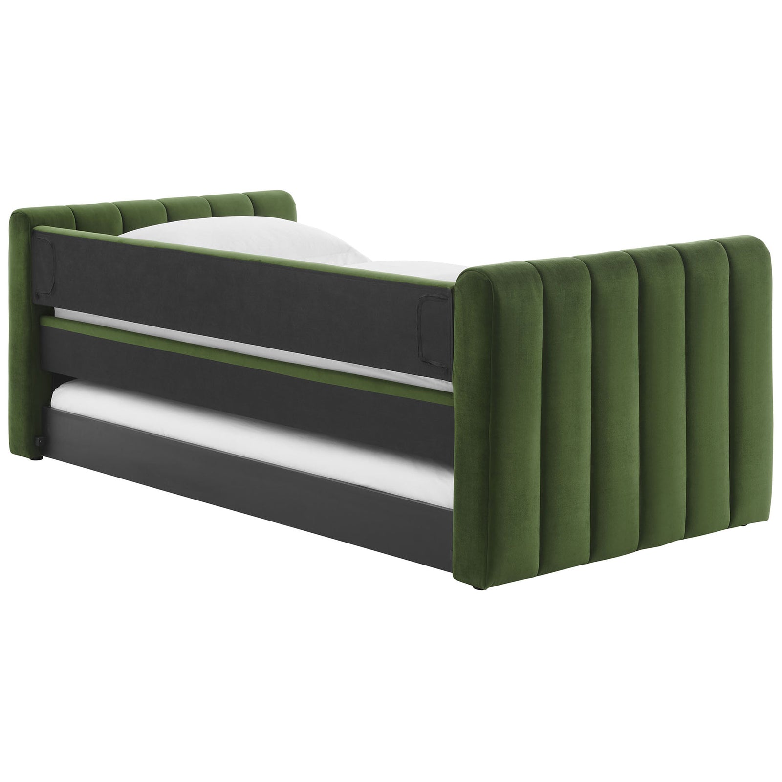 Back panel neatly upholstered with vertical channels for a refined, finished look. || MOD-7234-MOG || back_angle_studio