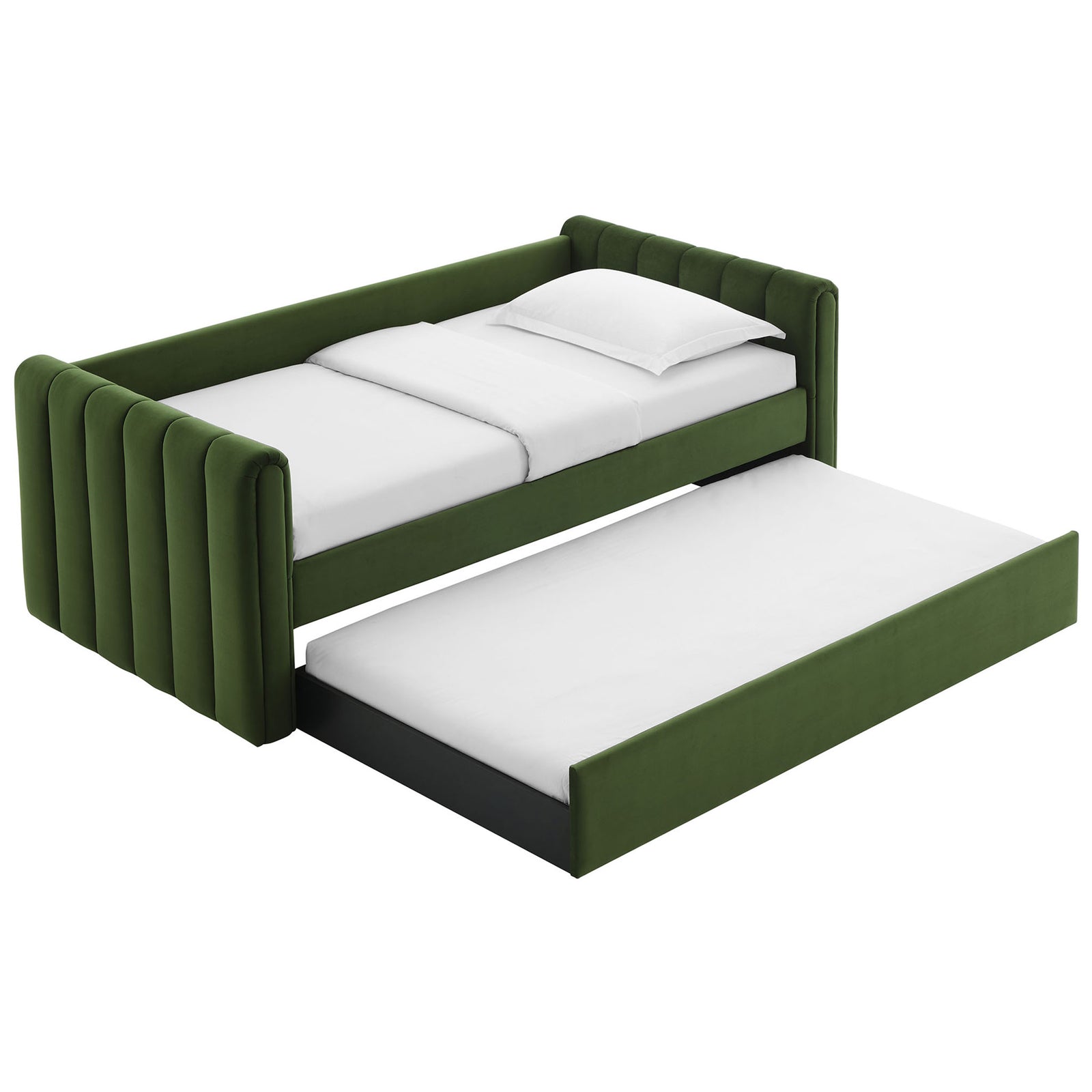Pull-out trundle extends to create twin-over-twin sleeping, wrapped in luxe moss green velvet. || MOD-7234-MOG || front_angle_open_studio