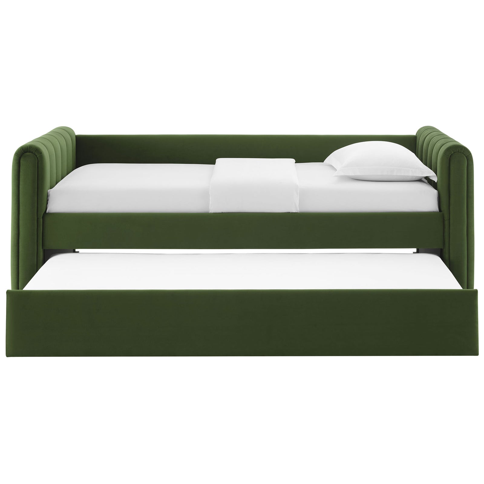 Clean-lined, fully upholstered frame with the trundle pulled out for easy guest sleep space. || MOD-7234-MOG || front_open_studio