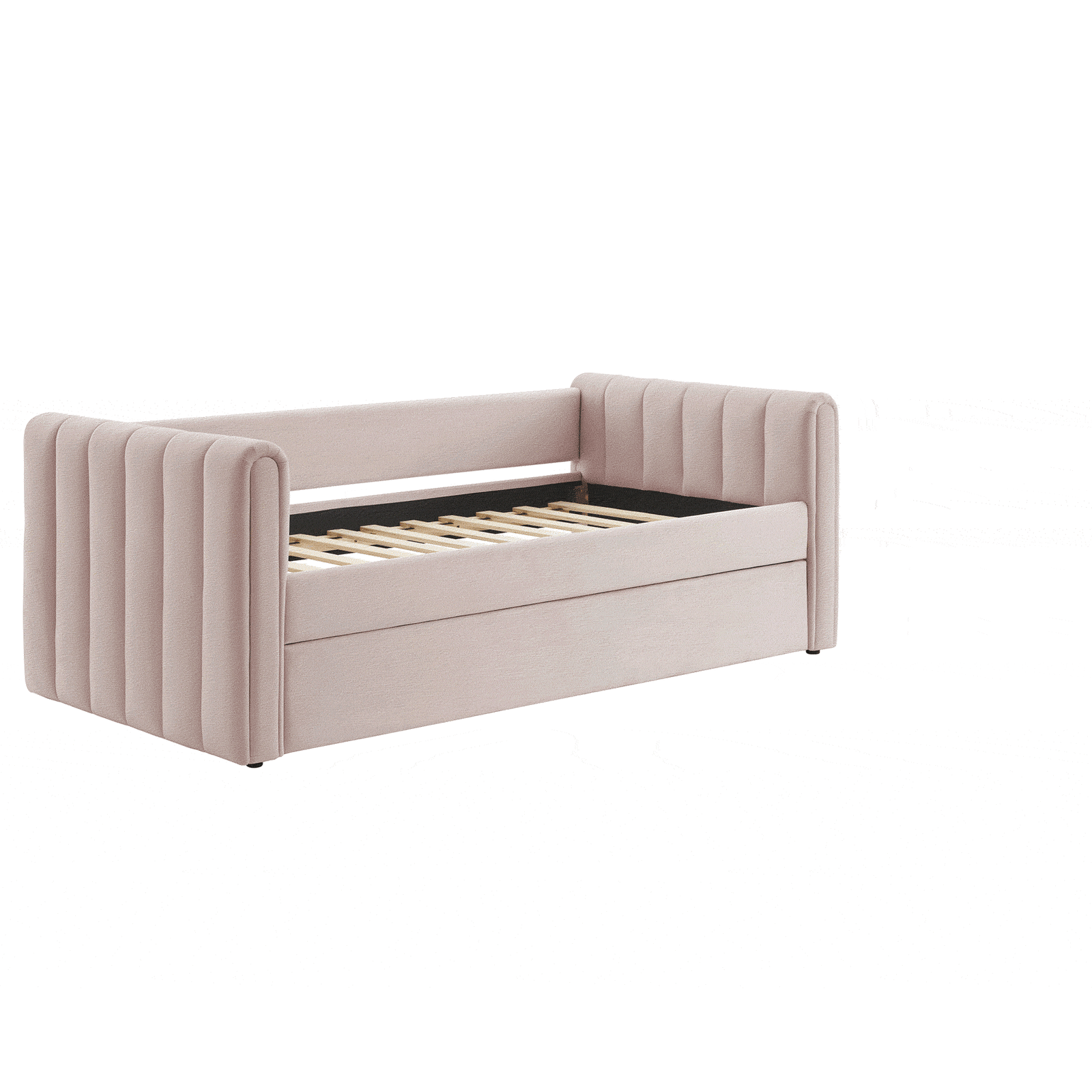 Pink velvet daybed demonstrating the smooth glide trundle that expands twin-over-twin sleep space || MOD-7234-PNK || front_angle_studio