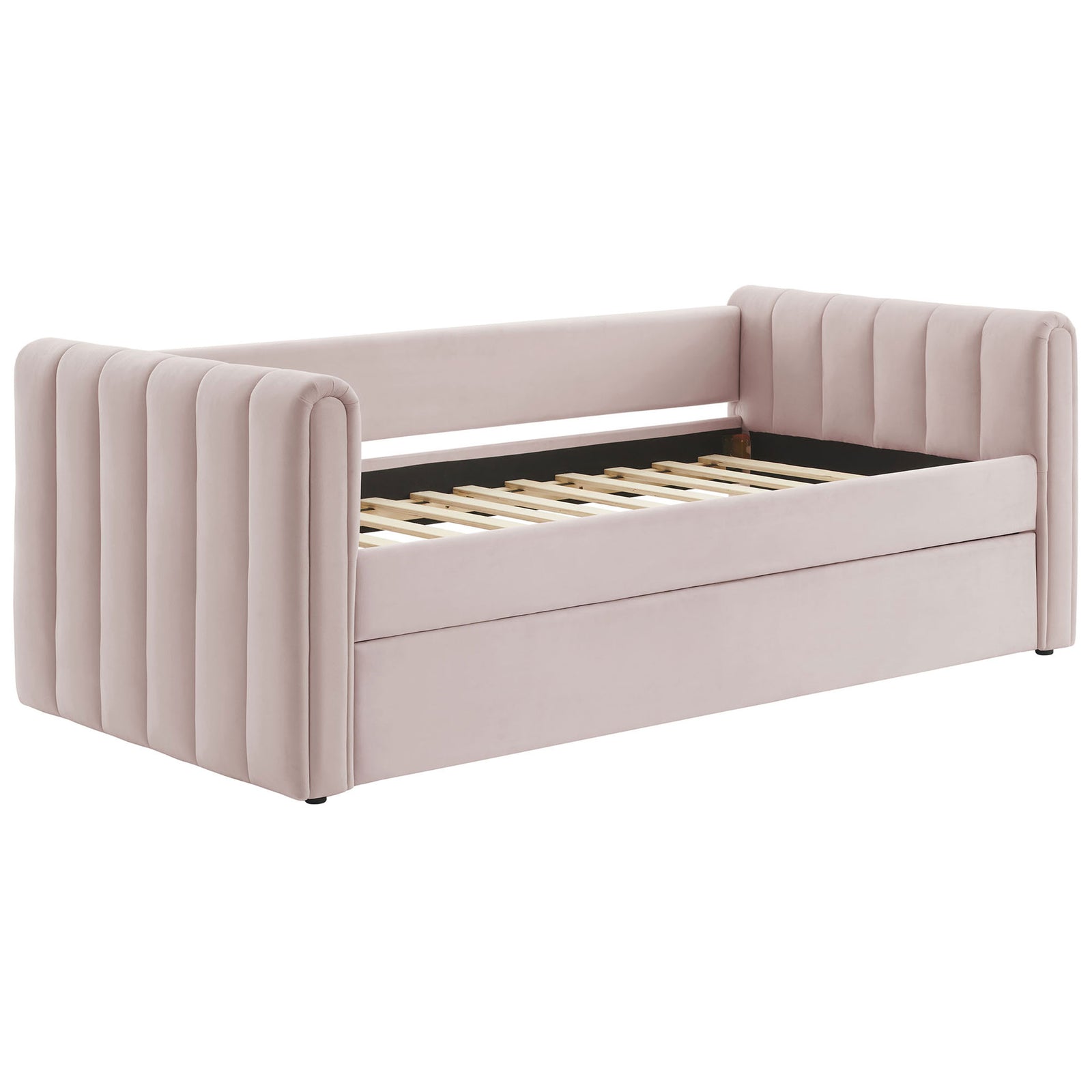 Pink velvet daybed frame showcasing sturdy wood slat support and tailored vertical channels || MOD-7234-PNK || front_angle_studio