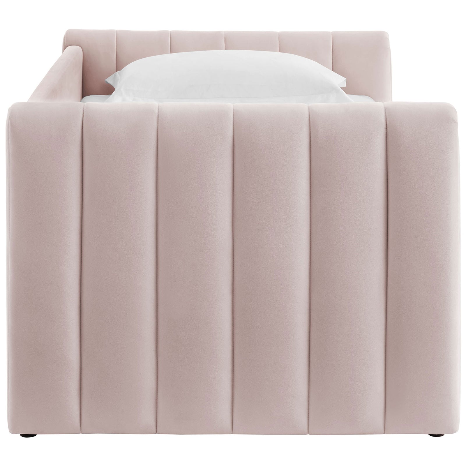 Rounded channel-tufted arm and plush upholstery create a refined silhouette on this pink daybed || MOD-7234-PNK || side_studio