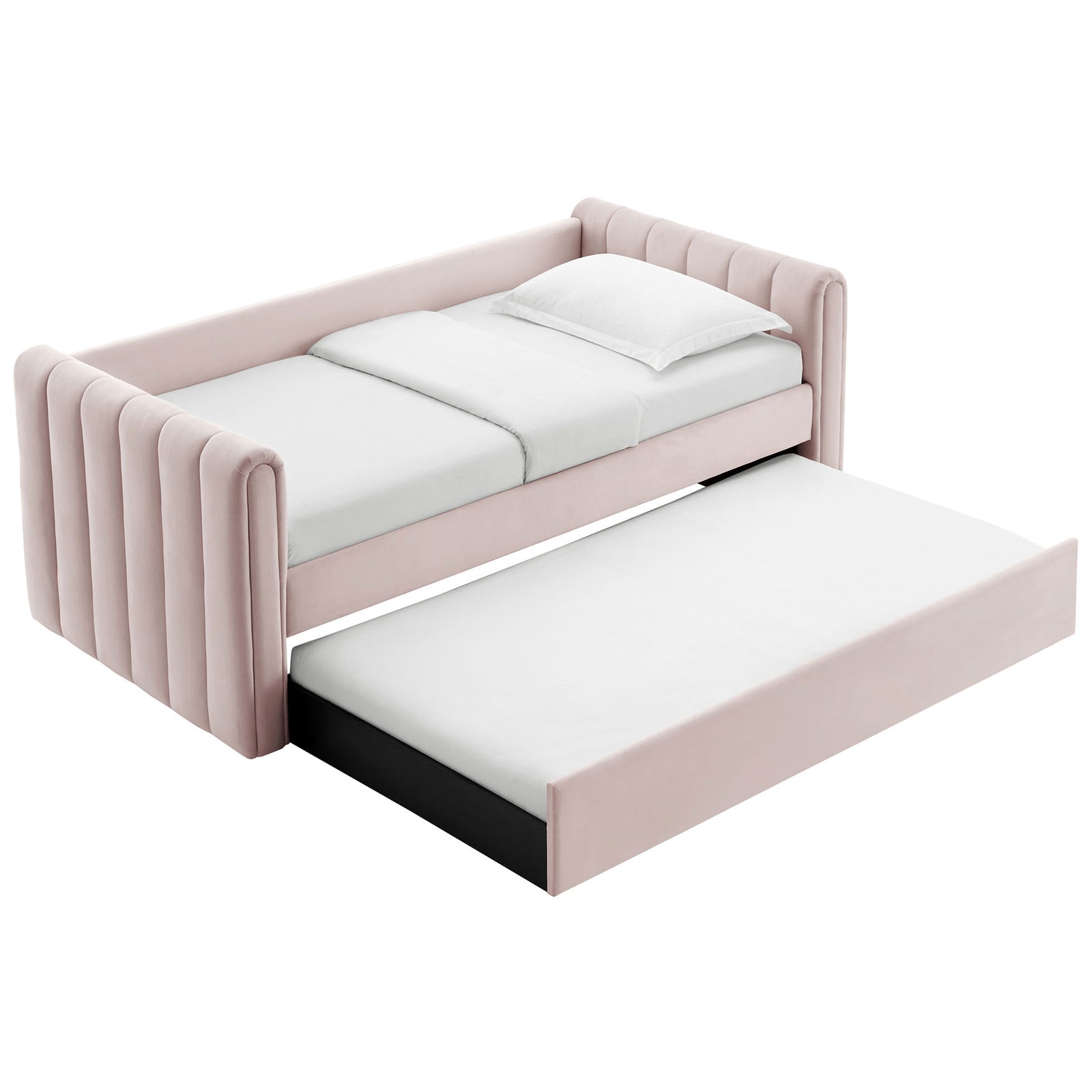 Pink velvet daybed with trundle extended, offering two sleeping surfaces in a compact footprint || MOD-7234-PNK || front_angle_open_studio