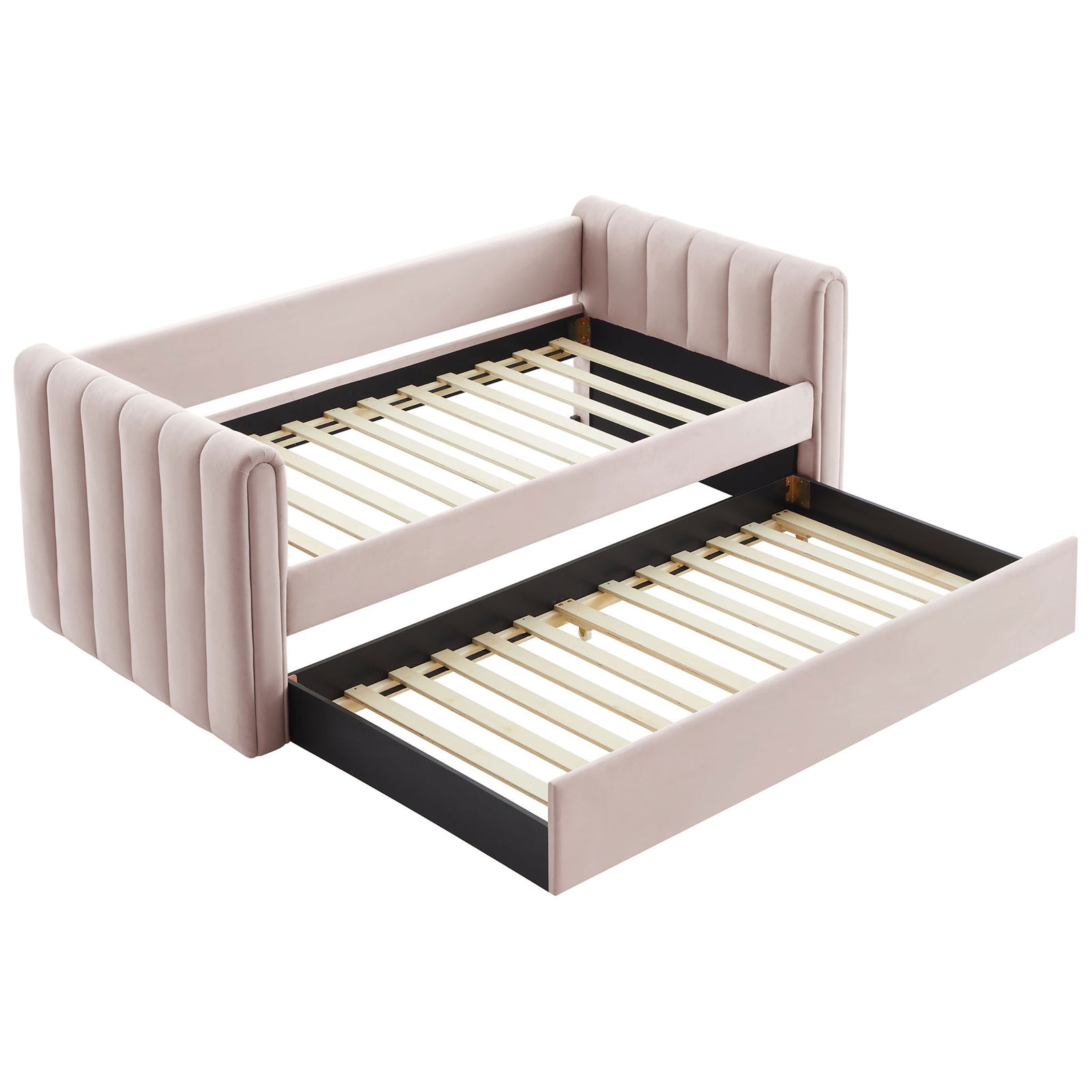 Open trundle design with dual wood slat platforms for breathable, no box spring daybed support || MOD-7234-PNK || front_angle_open_studio