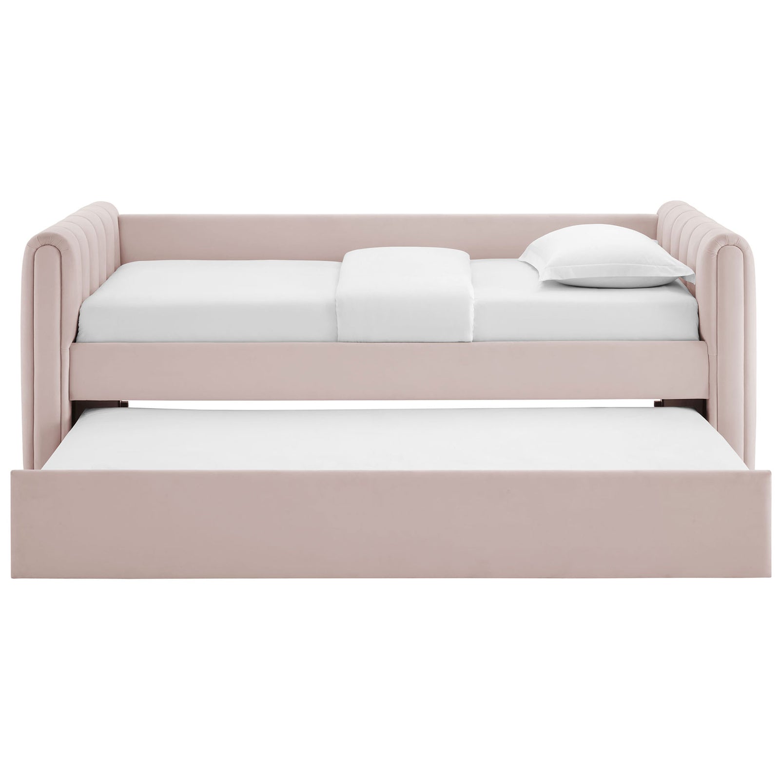 Twin daybed in soft pink velvet with smooth channel tufting and a pull-out trundle for extra sleep space || MOD-7234-PNK || front_open_studio