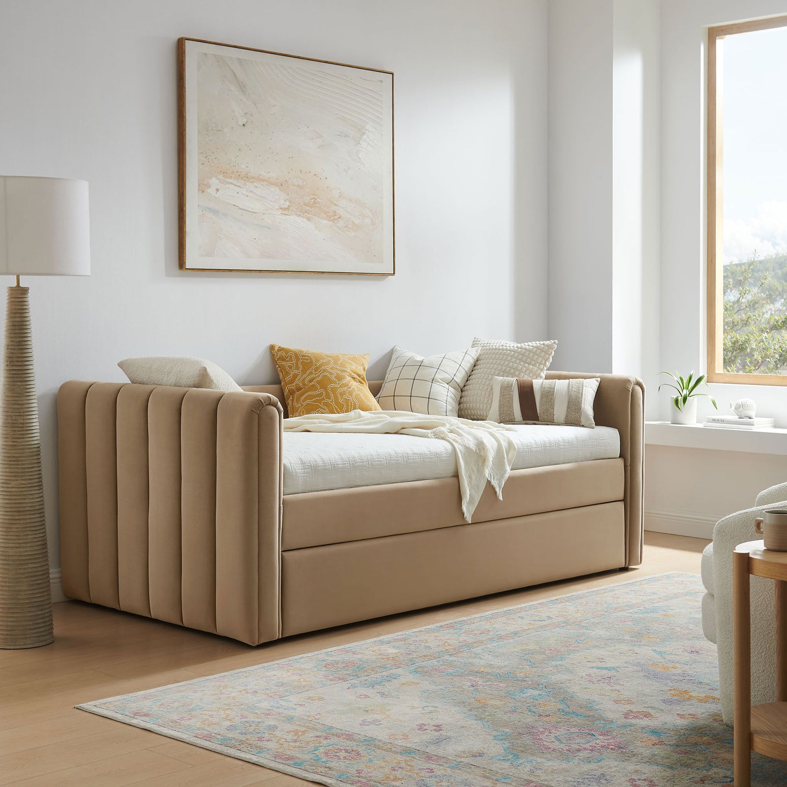 Chic, space-saving daybed anchors the room with luxe channel tufting and inviting taupe velvet || MOD-7234-TAU || front_angle_room