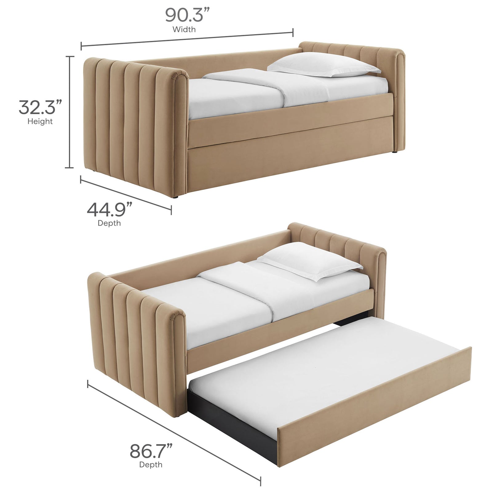 Overall and open dimensions for the daybed and trundle configuration || MOD-7234-TAU || dimension_studio
