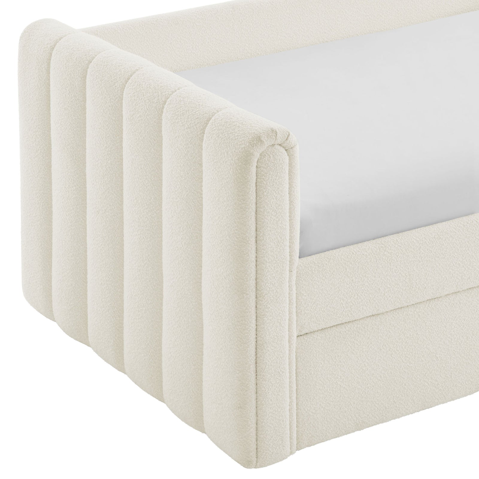 Rounded vertical channel tufting in soft, cozy cloud boucle || MOD-7235-CLO || detail_studio