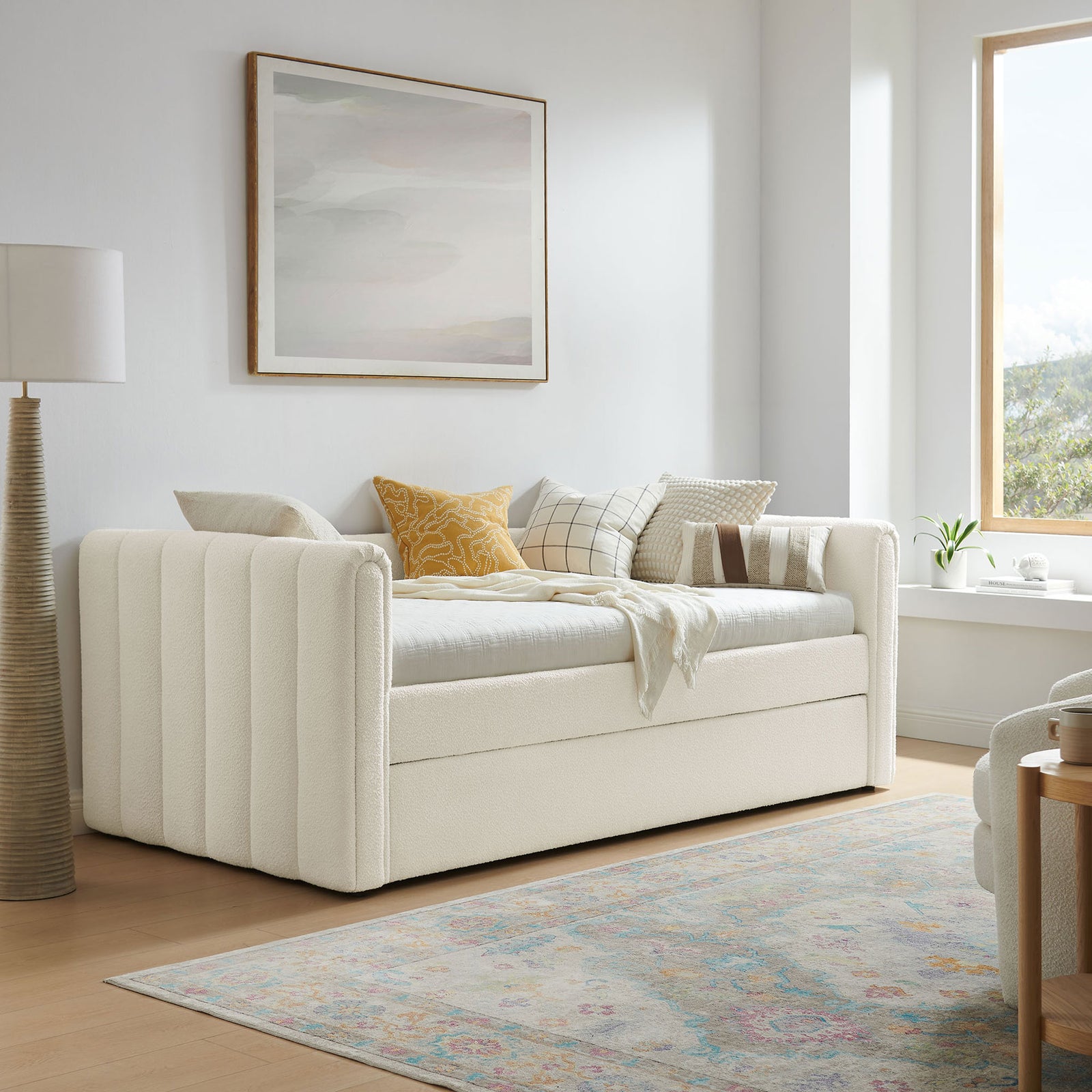 Elevates a cozy living space with its cloud boucle texture and tailored channels || MOD-7235-CLO || front_angle_room