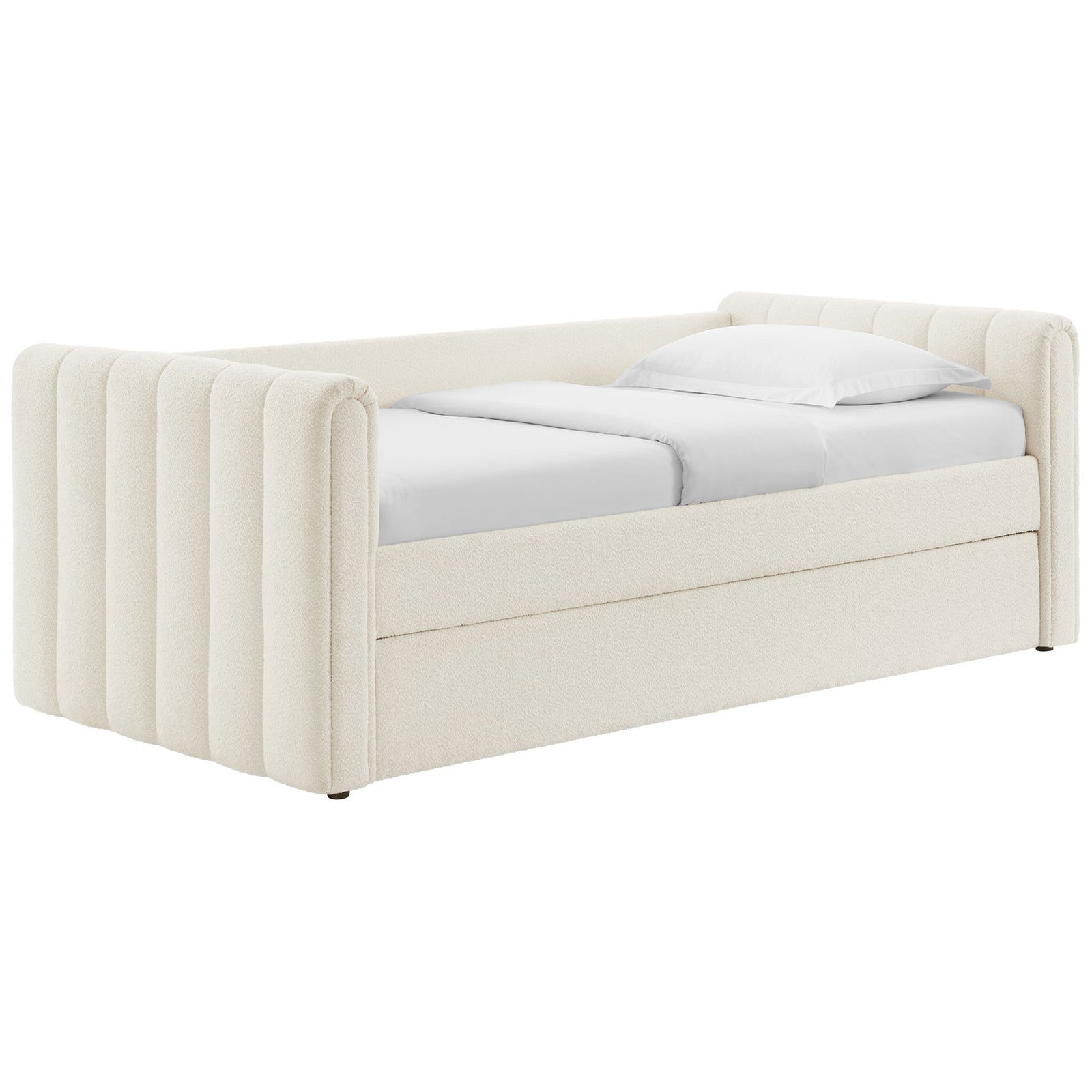 Streamlined twin daybed in soft cloud boucle with tailored vertical channels and modern silhouette || MOD-7235-CLO || front_angle_studio
