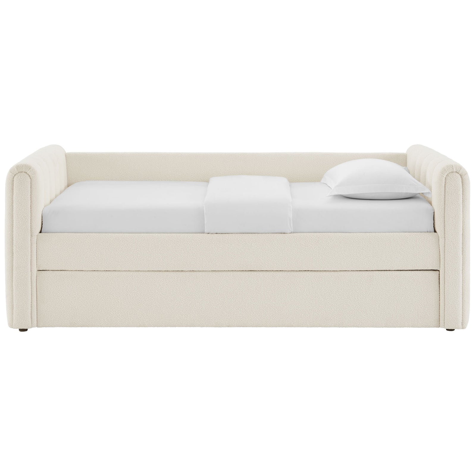 Soft cloud boucle daybed with vertical channel tufting, low-profile arms, and a hidden pull-out trundle || MOD-7235-CLO || front_studio