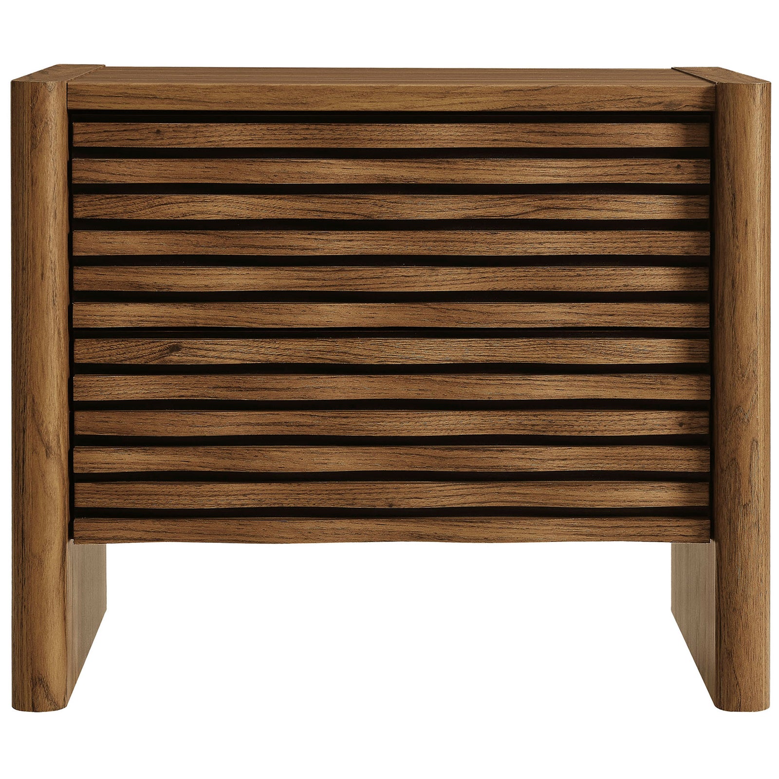 Walnut wave nightstand with slatted drawer fronts and a grounded, sculpted base. || MOD-7236-WAL || front_studio