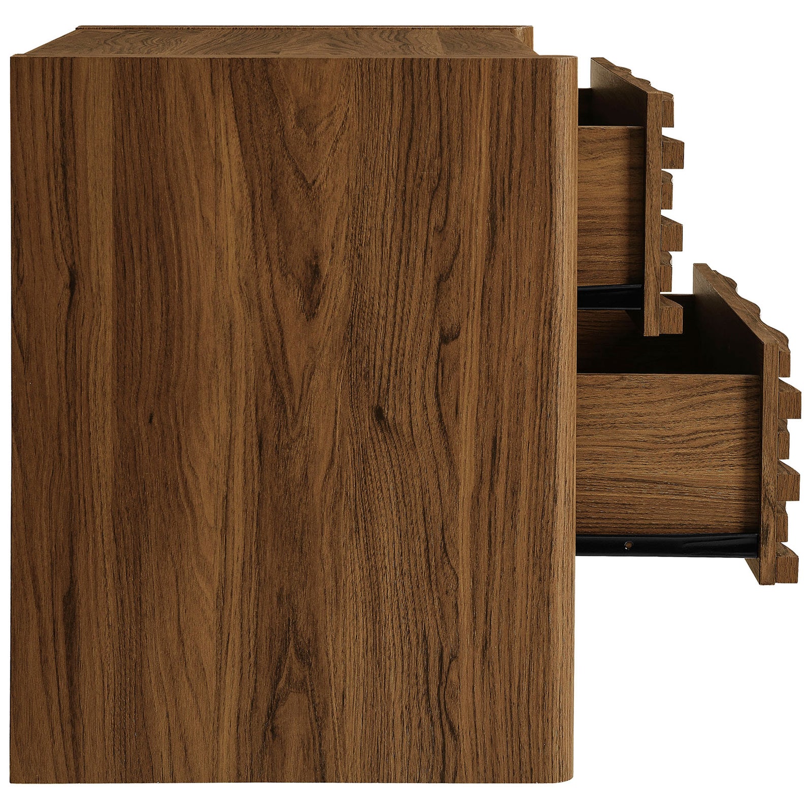 Walnut nightstand with both drawers smoothly extended to reveal spacious, full extension storage. || MOD-7236-WAL || side_open_studio