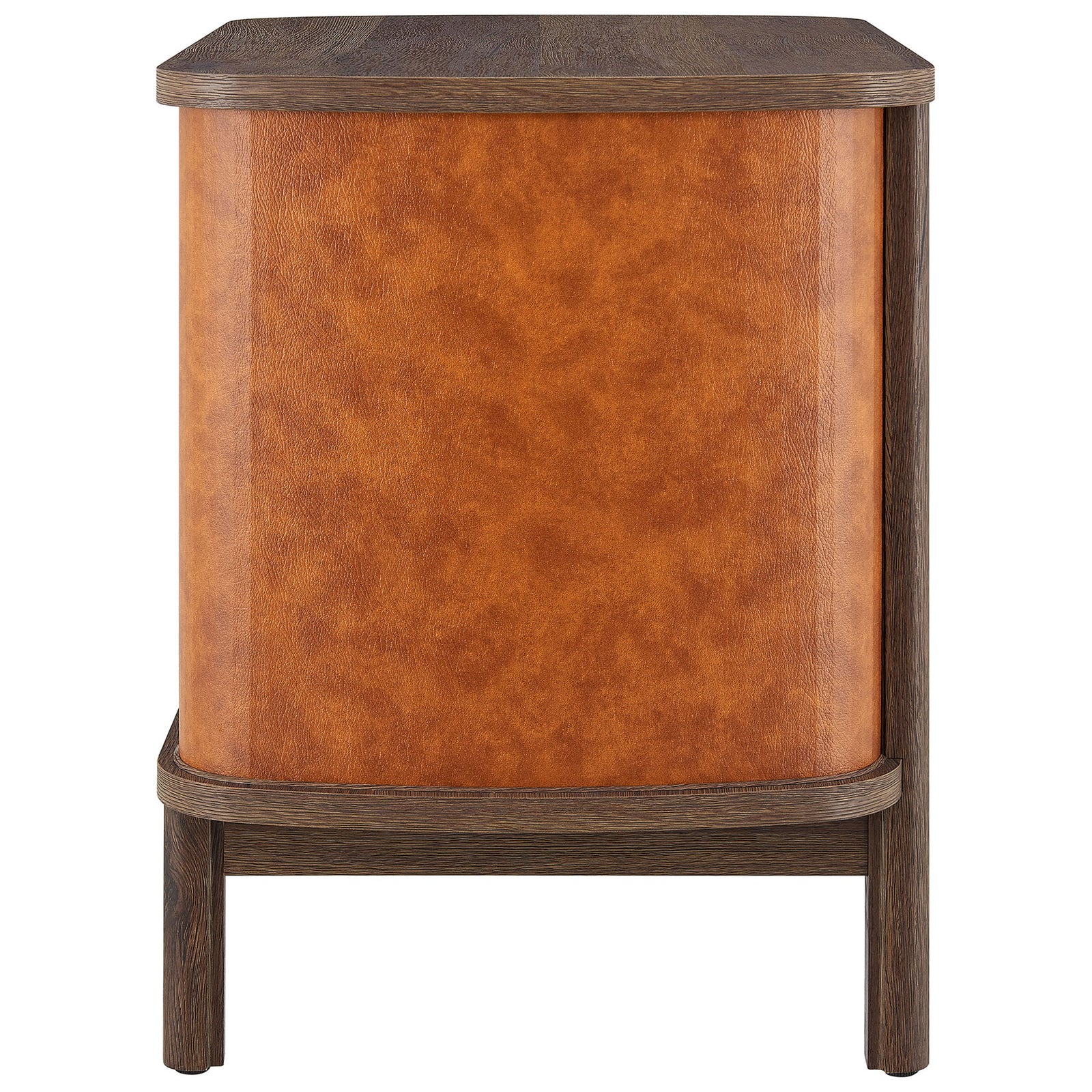 Smooth curved vegan leather side panel in rich tan framed by walnut wood legs || MOD-7237-WAL-TAN || side_studio