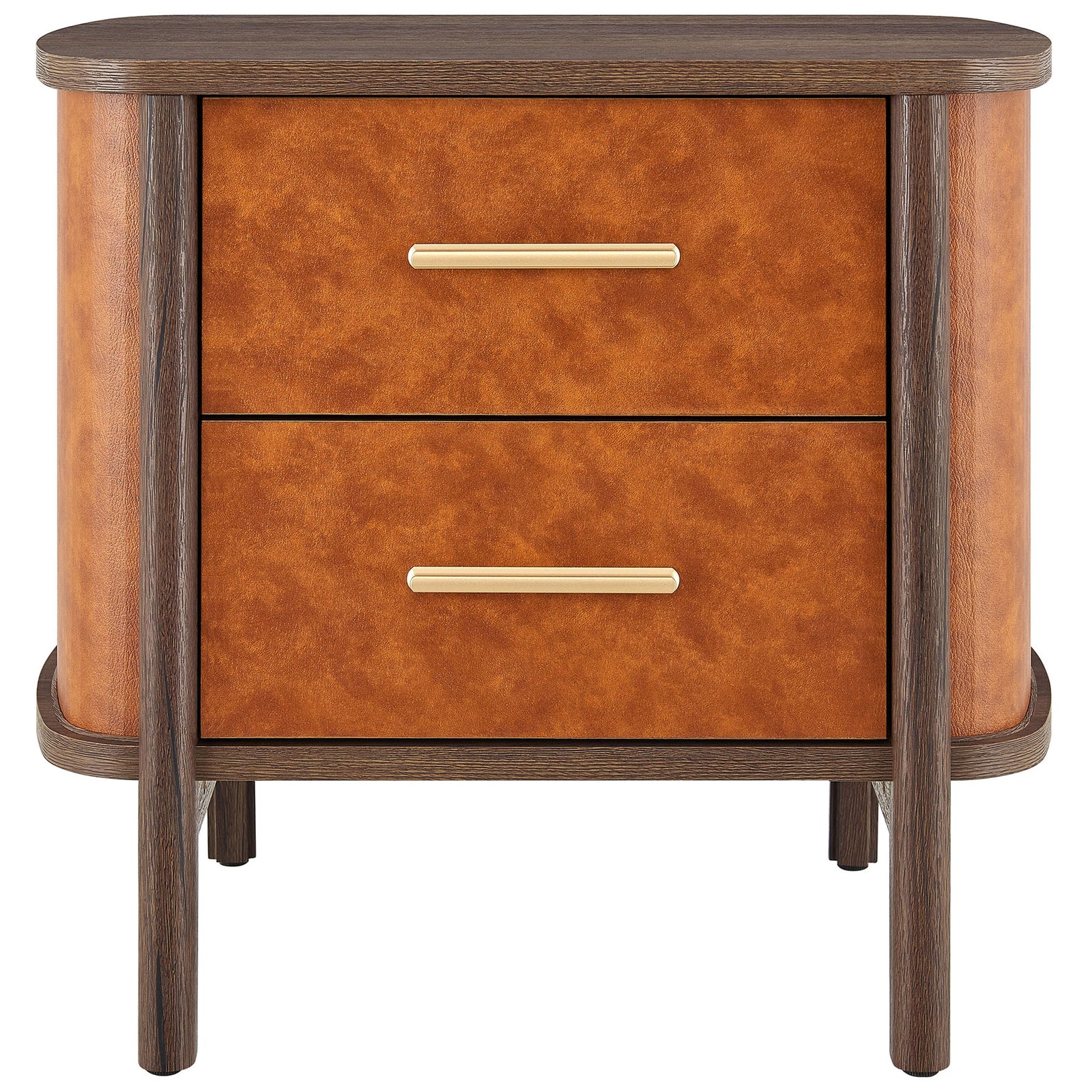 Two-drawer walnut and tan nightstand with gold pulls and a softly rounded silhouette || MOD-7237-WAL-TAN || front_studio