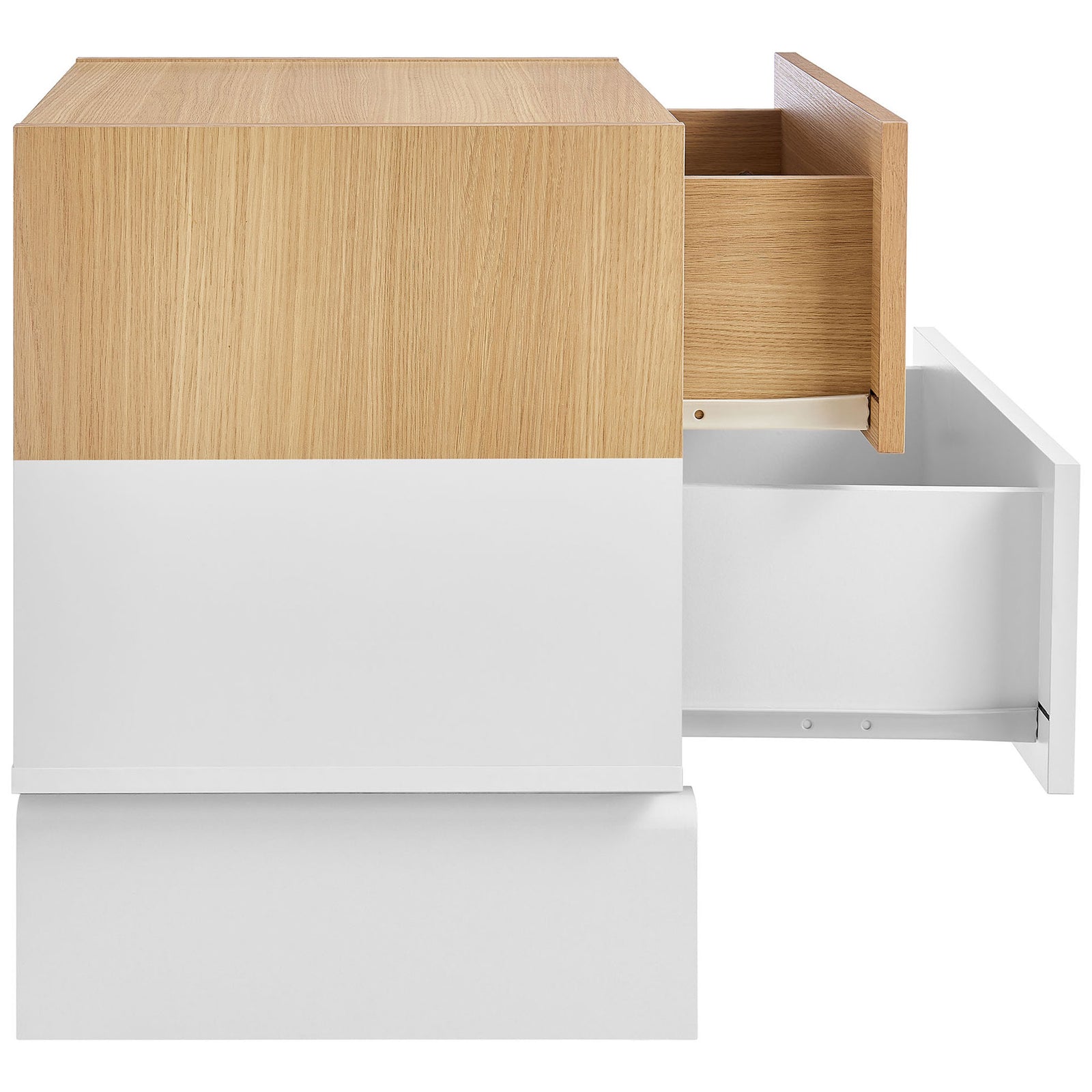 Nightstand with top and bottom drawers open for easy-access bedside storage || MOD-7238-OAK-WHI || side_open_studio
