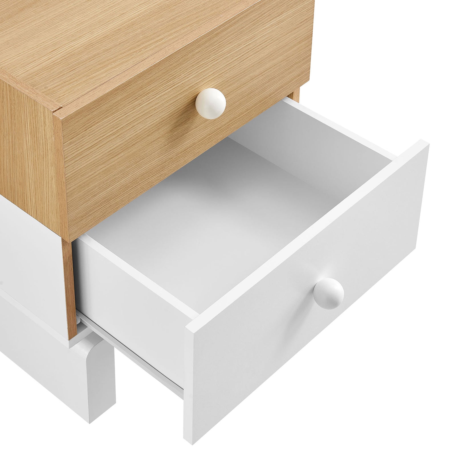 Oak and white nightstand with both drawers open to reveal generous storage space || MOD-7238-OAK-WHI || storage_open_studio