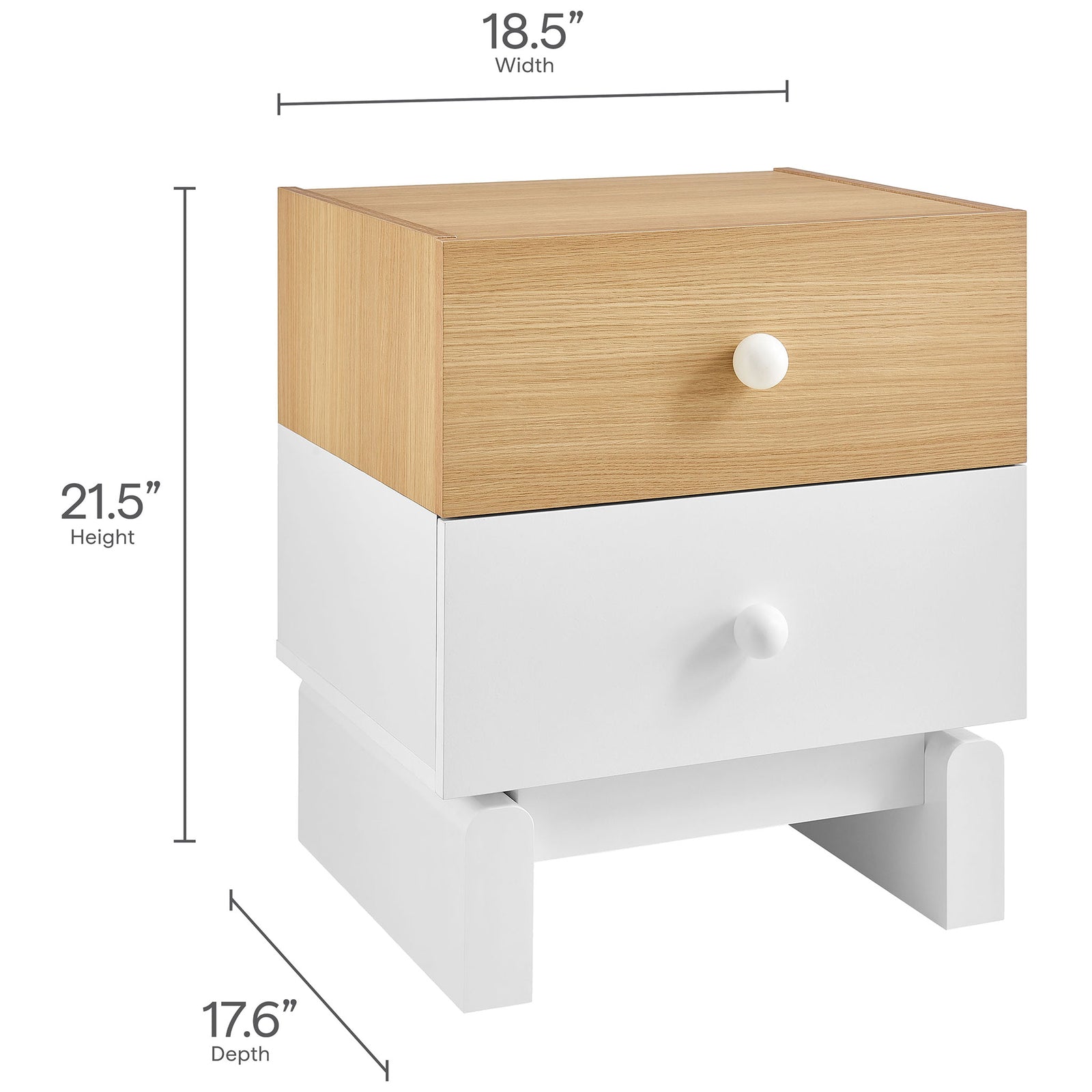 Nolia nightstand with clearly labeled height, width, and depth dimensions for easy planning || MOD-7238-OAK-WHI || dimension_studio