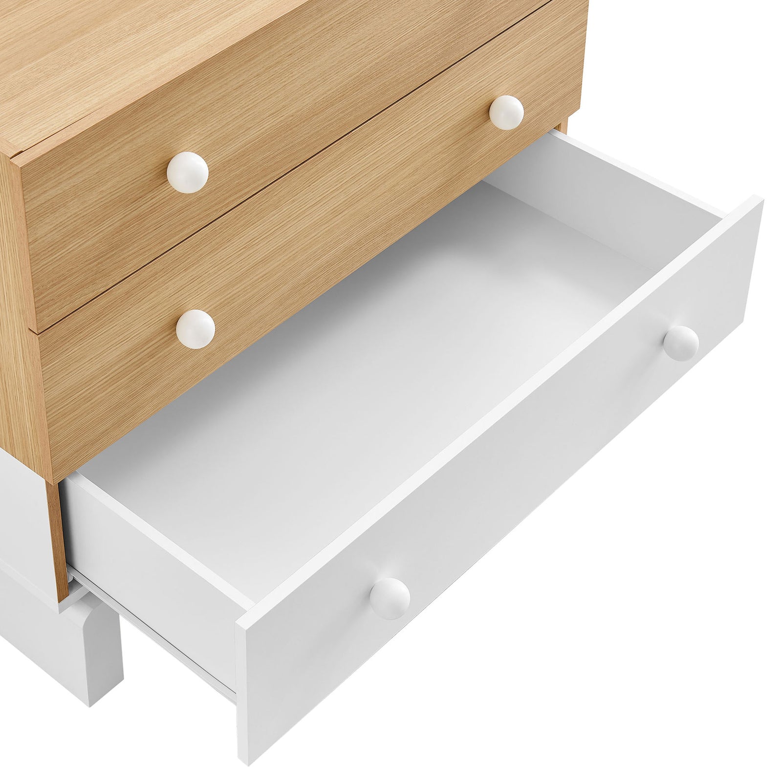 Open lower drawer of oak and white dresser showing generous interior capacity || MOD-7239-OAK-WHI || storage_open_studio