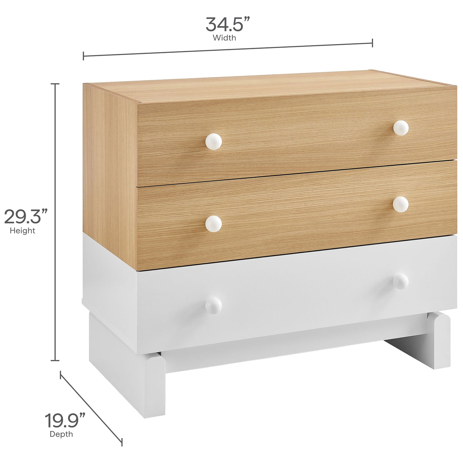 Nolia 3-drawer dresser with labeled dimensions for width height and depth || MOD-7239-OAK-WHI || dimension_studio