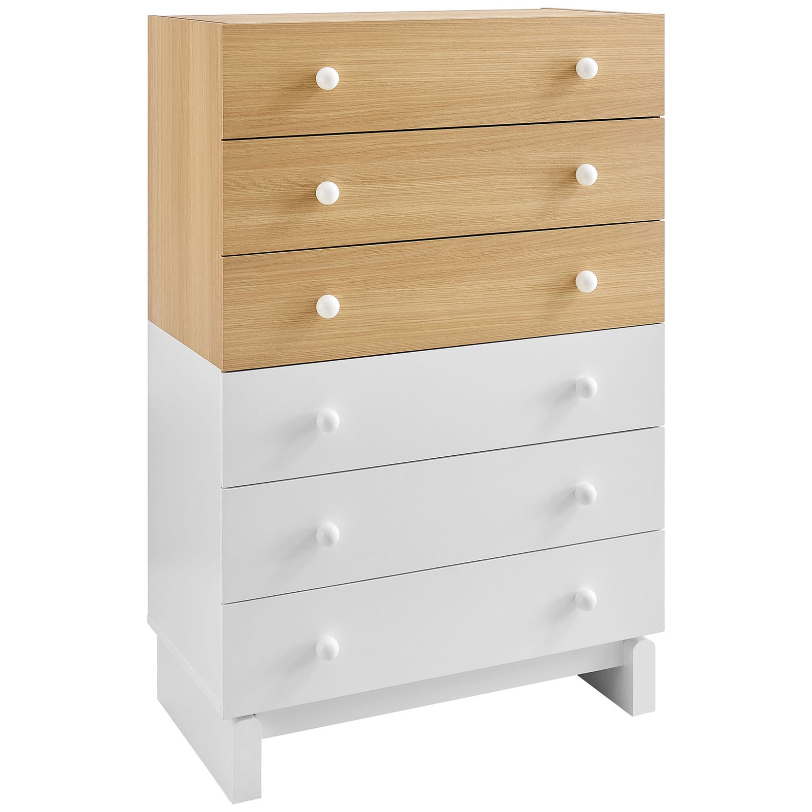 Two-tone oak and white six-drawer dresser chest with round white knobs and raised block base. || MOD-7240-OAK-WHI || front_angle_studio