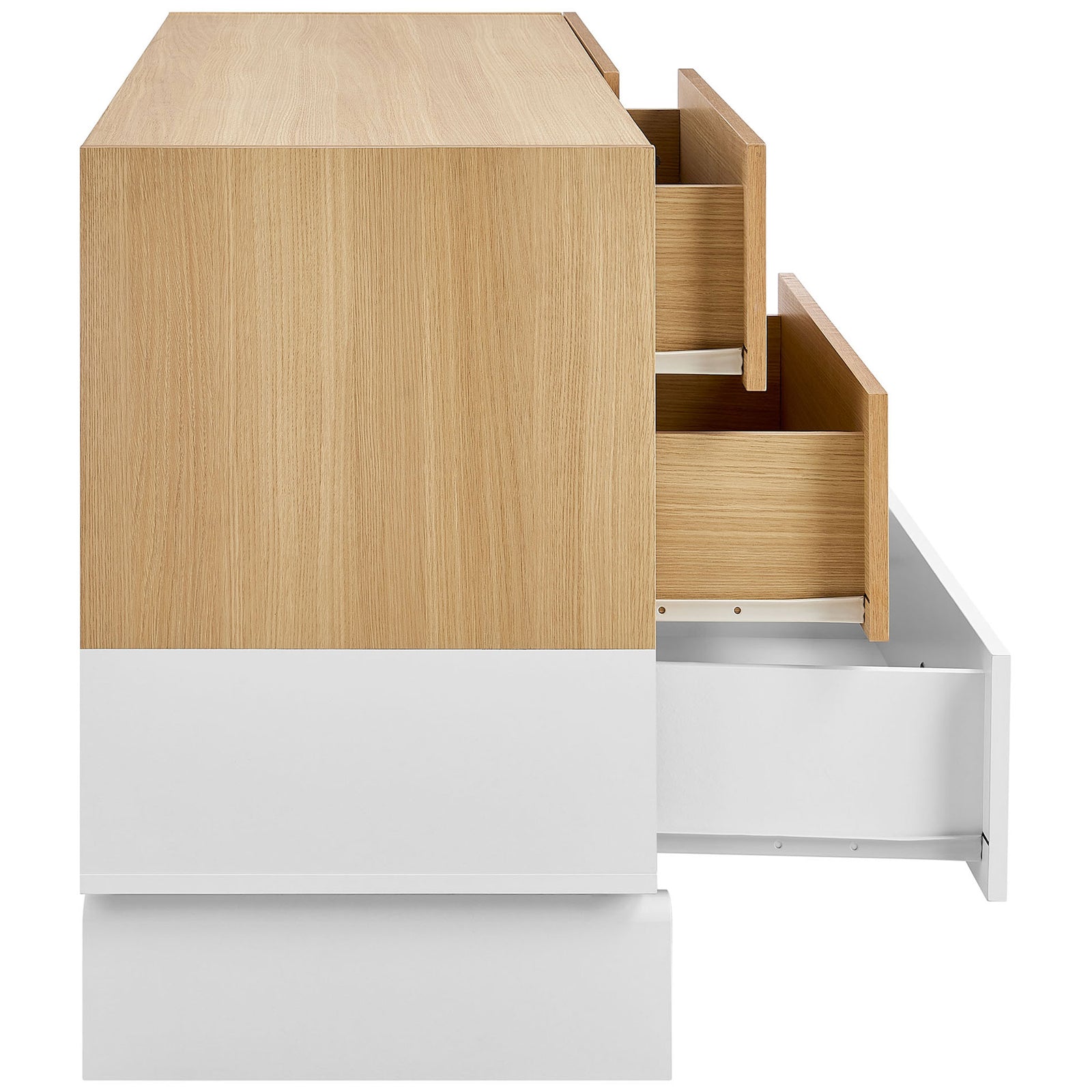 Oak and white dresser with several drawers open to reveal generous, easy-access storage space || MOD-7241-OAK-WHI || side_open_studio