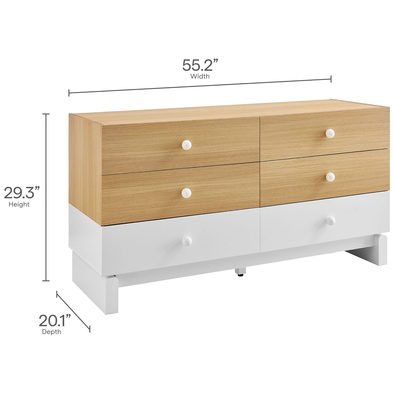 Dimension diagram of the Nolia six-drawer dresser showing width, height, and depth measurements || MOD-7241-OAK-WHI || dimension_studio