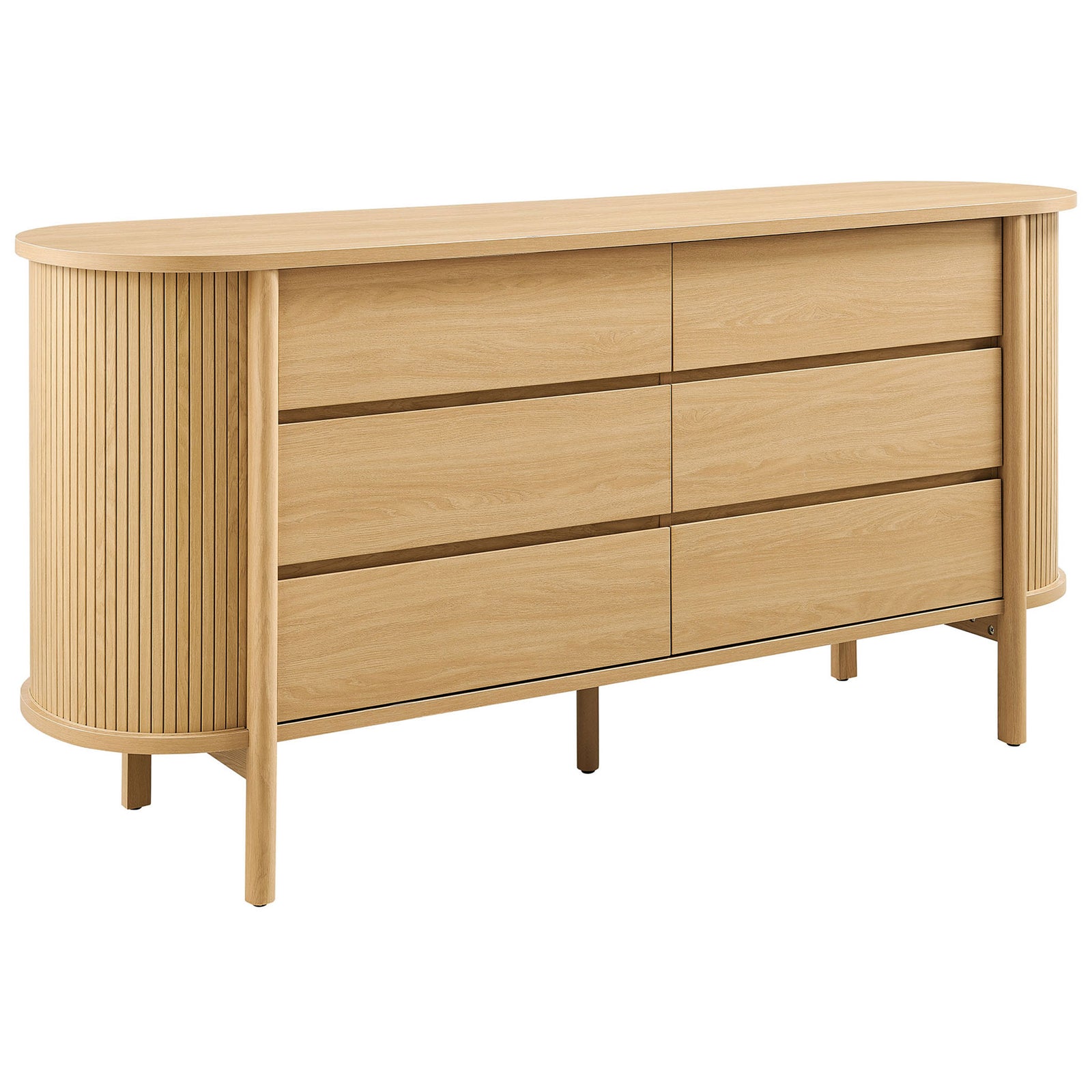 Curved oak dresser with fluted side panels and six smooth-front drawers on slender cylindrical legs || MOD-7242-OAK || front_angle_studio