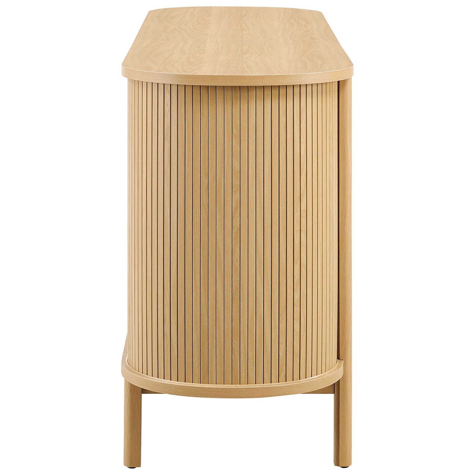 Side view of curved oak dresser with vertical fluted paneling and slim rounded legs || MOD-7242-OAK || side_studio