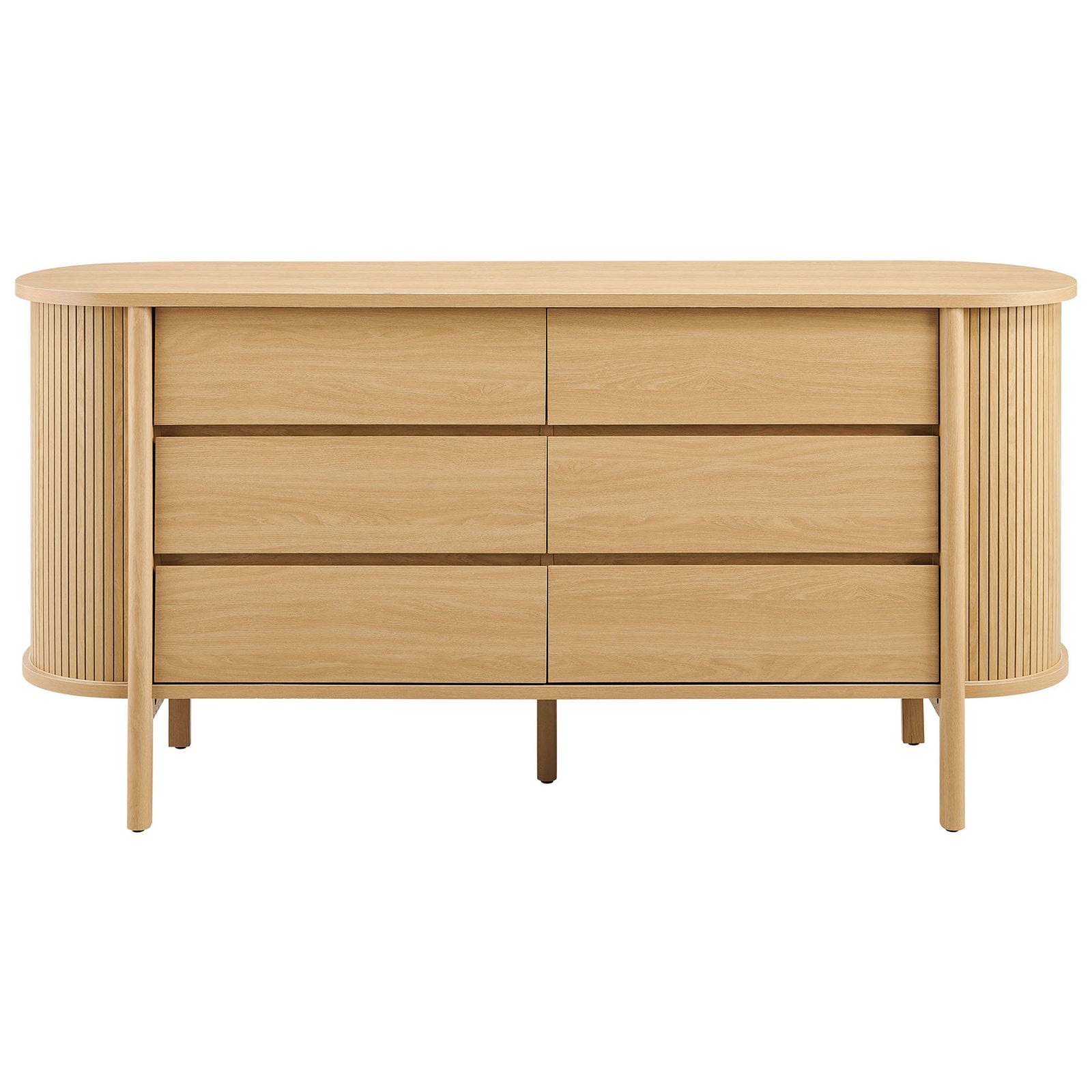 Front view of six-drawer oak dresser with smooth fronts and softly rounded corners || MOD-7242-OAK || front_studio