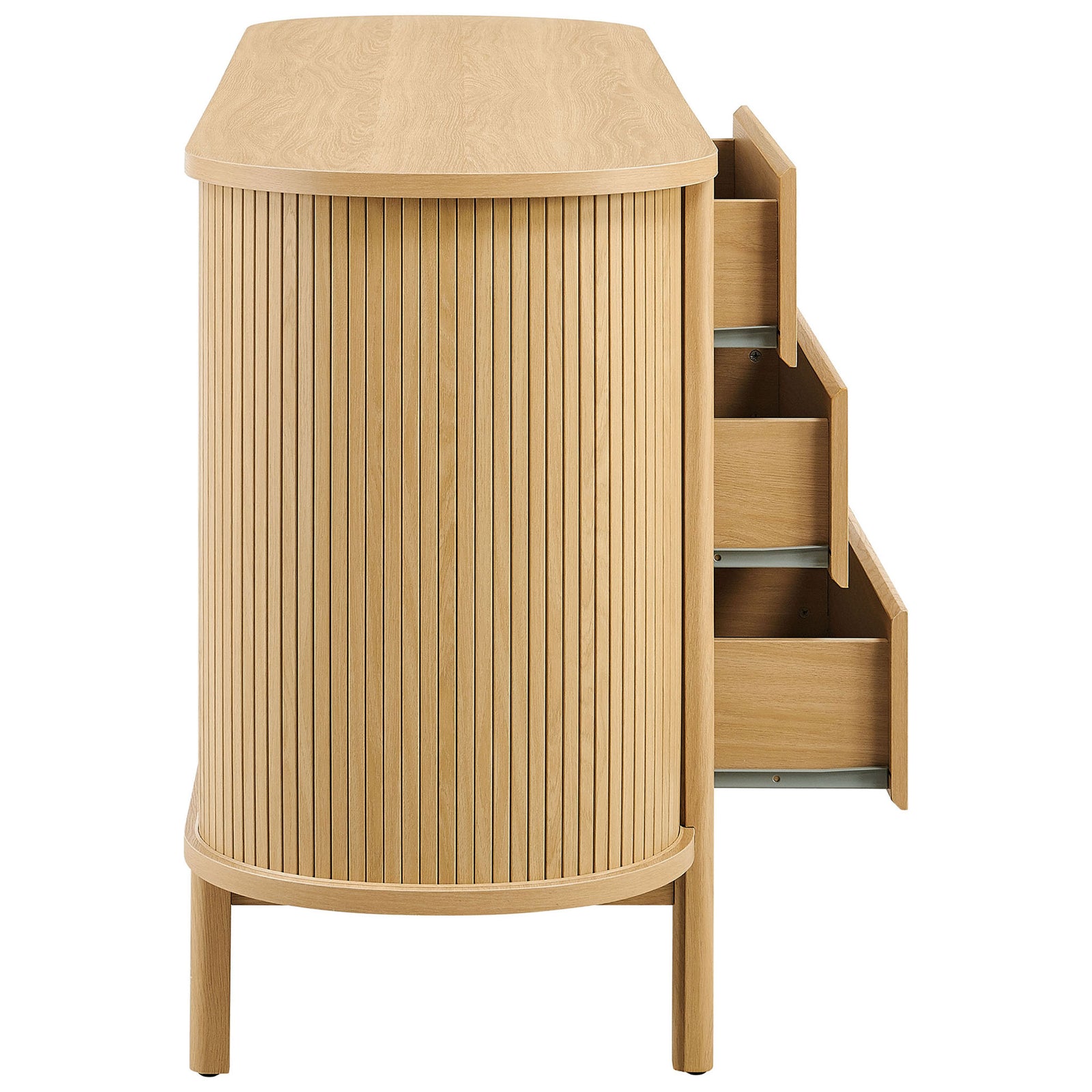 Curved oak dresser with three side drawers open to reveal spacious storage and smooth metal glides || MOD-7242-OAK || side_open_studio