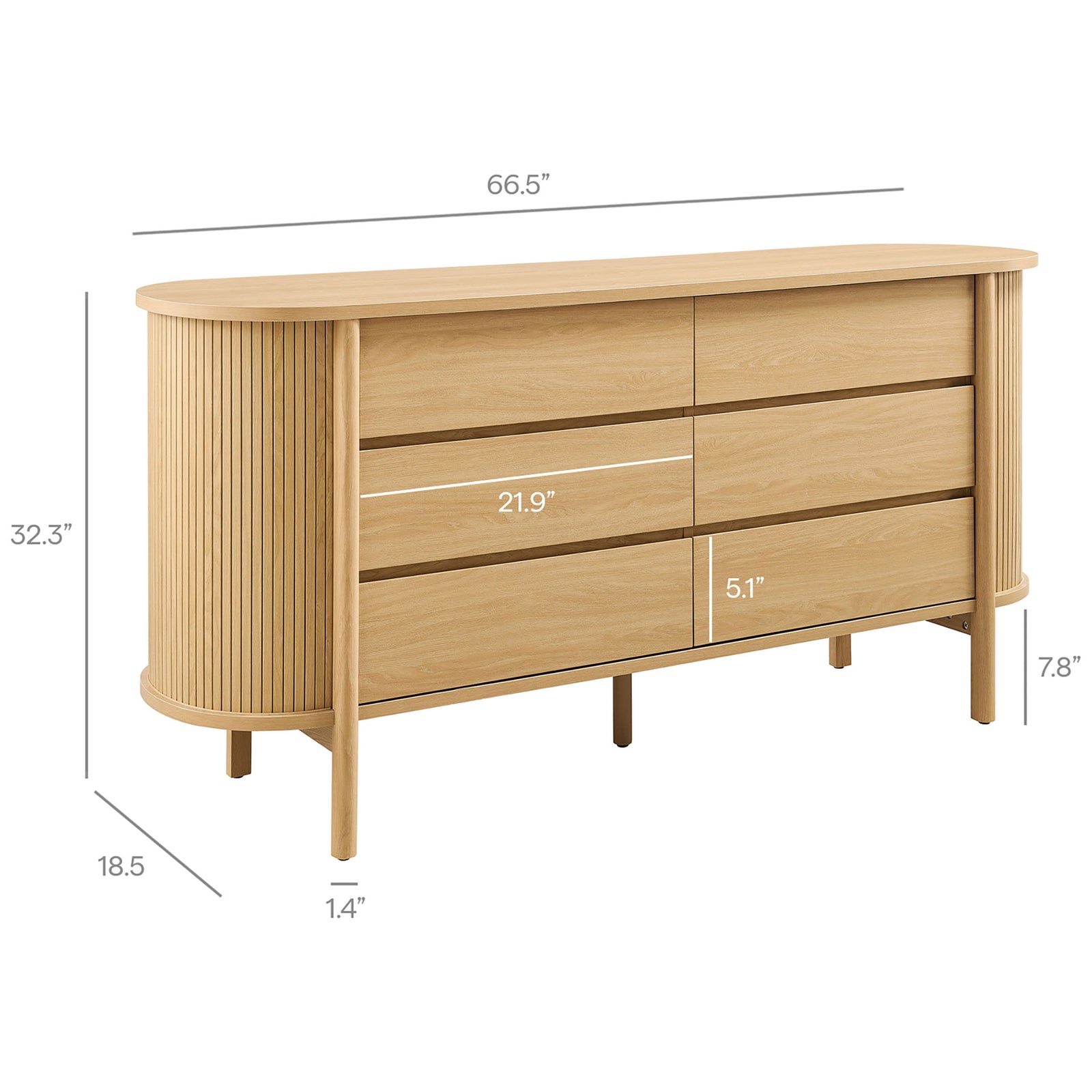 Dimensional diagram of the curved six-drawer oak dresser with labeled height, width, and drawer measurements || MOD-7242-OAK || dimension_studio