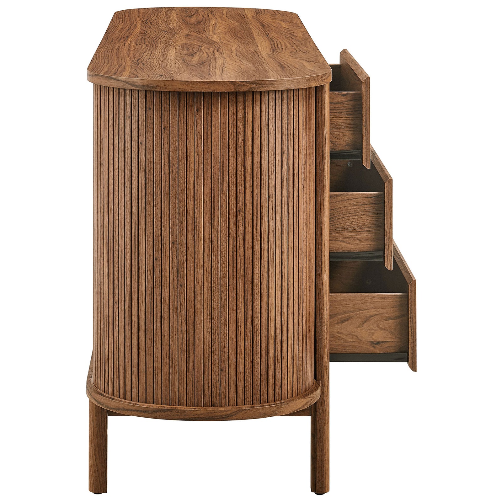 Walnut dresser with staggered open drawers revealing spacious storage || MOD-7242-WAL || side_open_studio