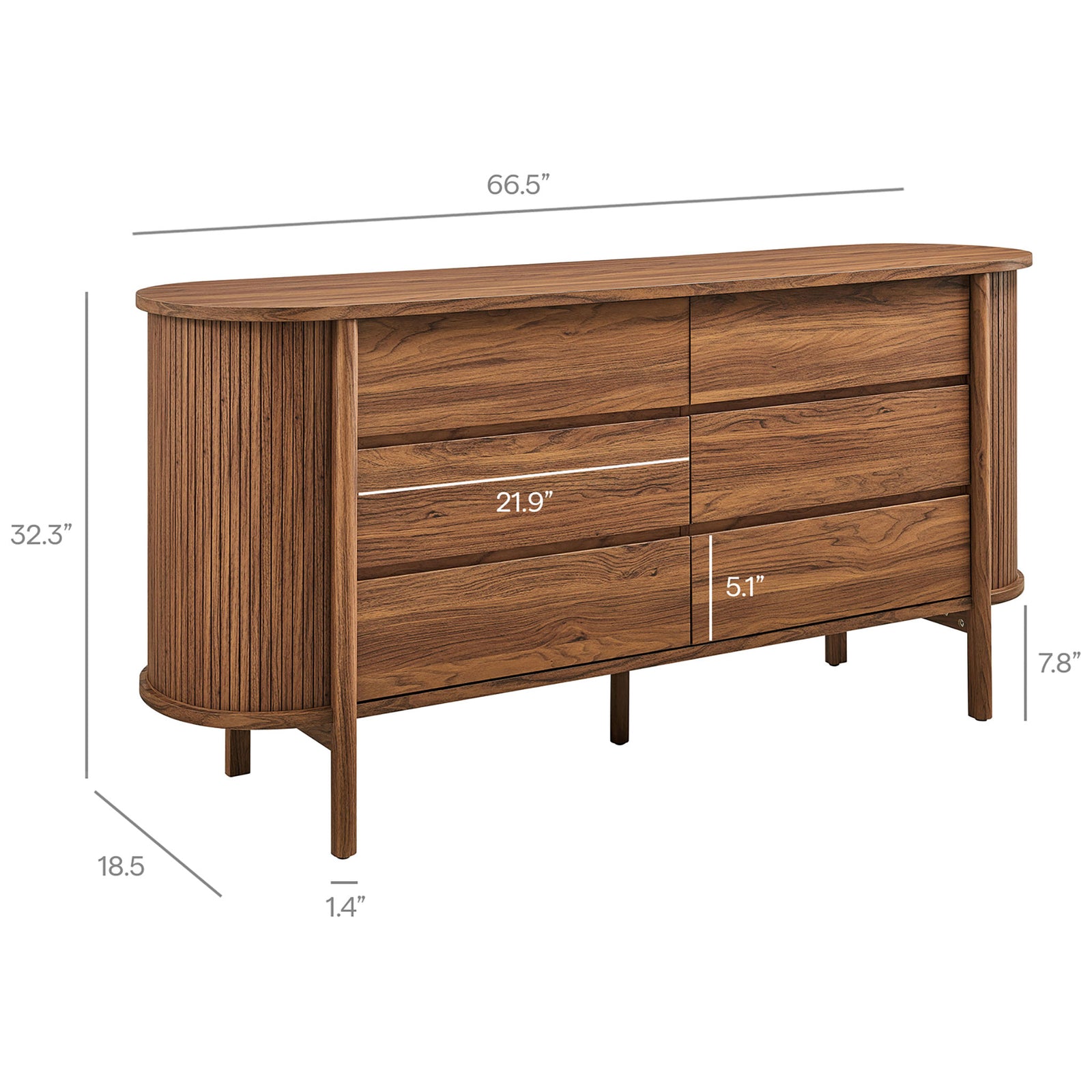 Walnut 6-drawer dresser with overall height, width, depth, and drawer dimensions clearly labeled || MOD-7242-WAL || dimension_studio