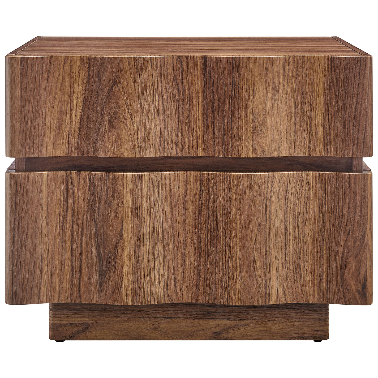 Organic wave drawer fronts and rich walnut wood grain bring sculptural warmth to this nightstand || MOD-7243-WAL || front_studio